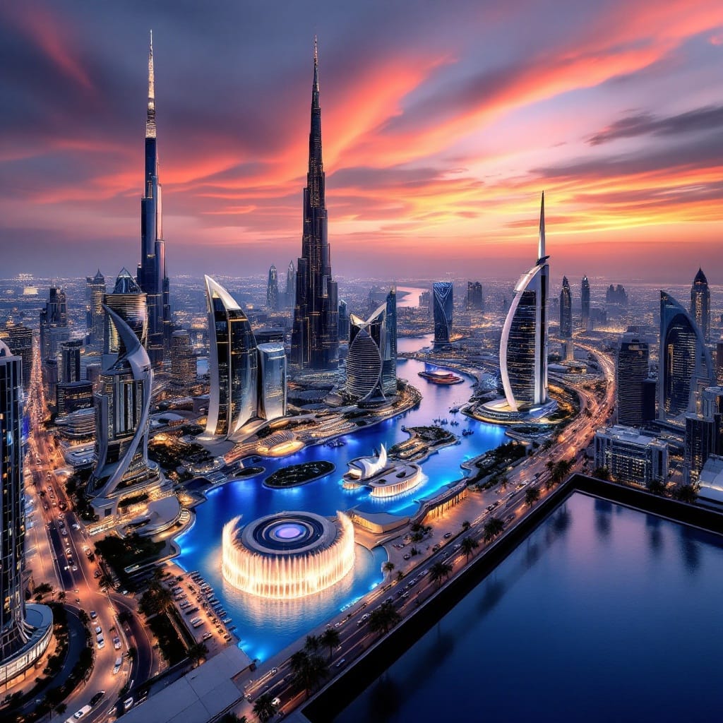 Epic Dubai Skyline at Sunset – A Futuristic Cityscape in Golden Light
