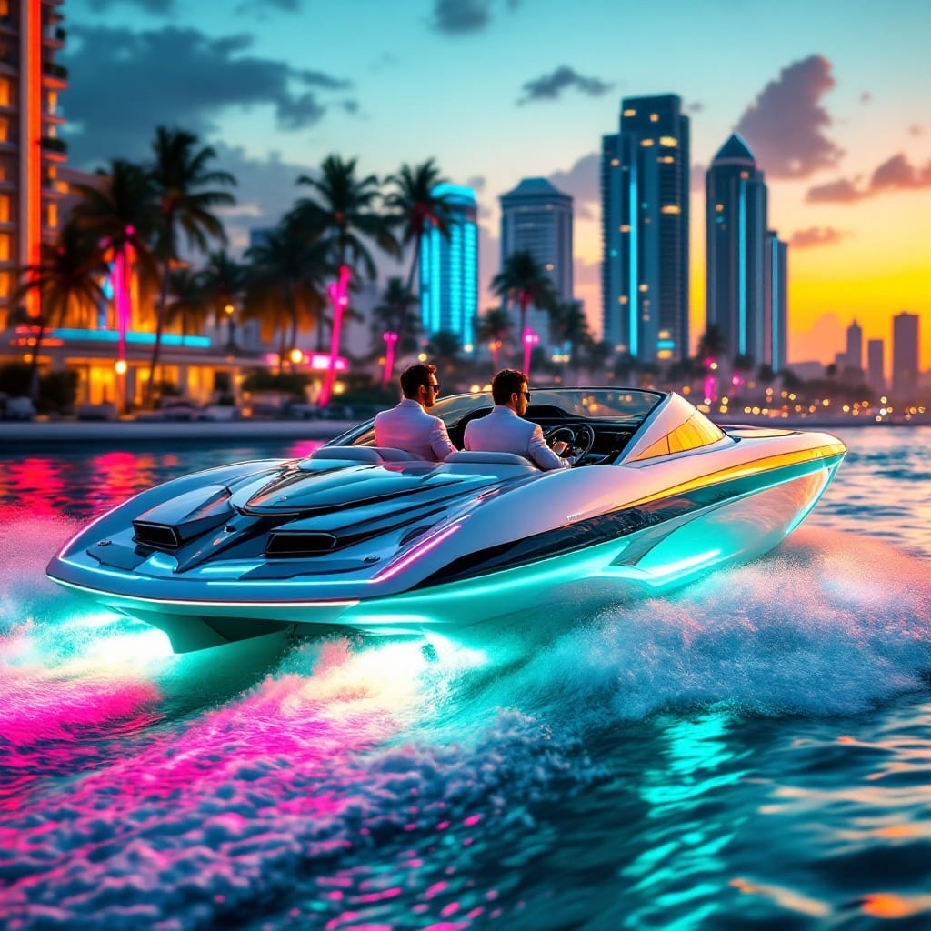 Luxury Miami Speedboat Racing Across Neon-Lit Waters