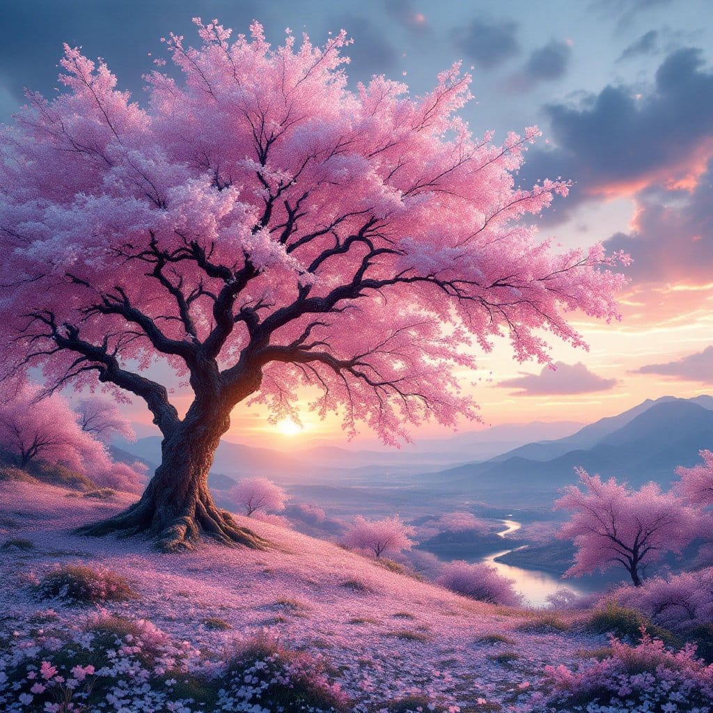 Epic Japanese Cherry Blossom Tree in Full Bloom: A Breathtaking Sunset Landscape