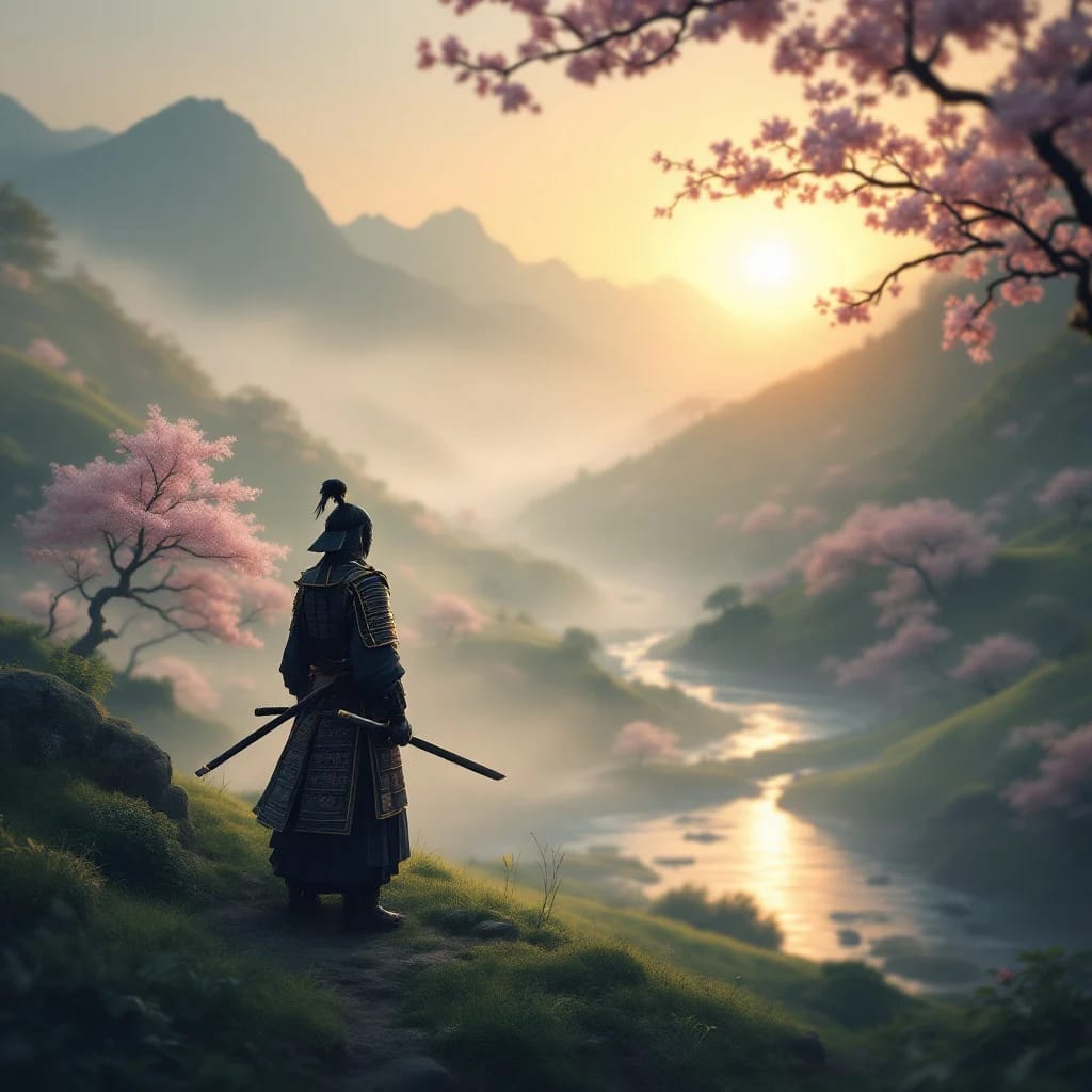 Serene Japanese Landscape with a Samurai: A Peaceful Dawn in Ancient Japan