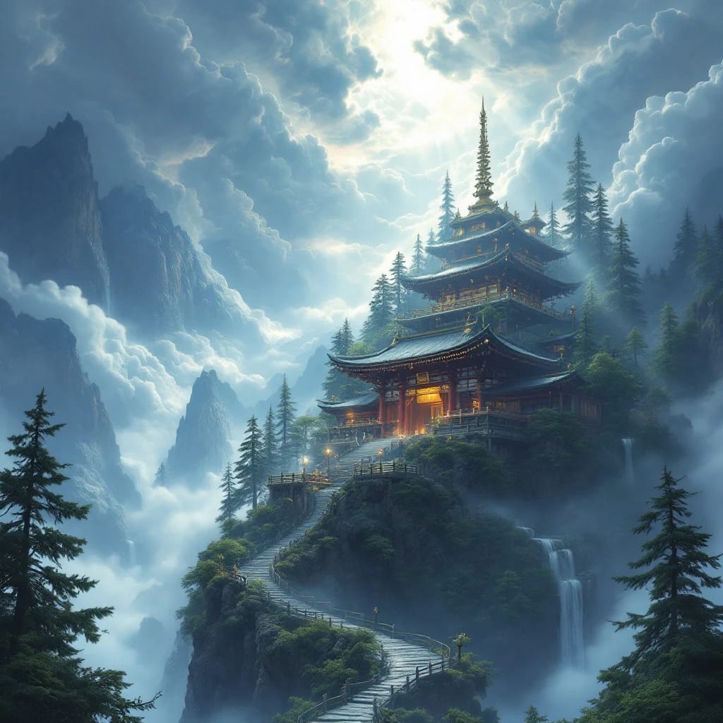 Epic Japanese Temple on Misty Mountain: A Majestic Spiritual Landscape