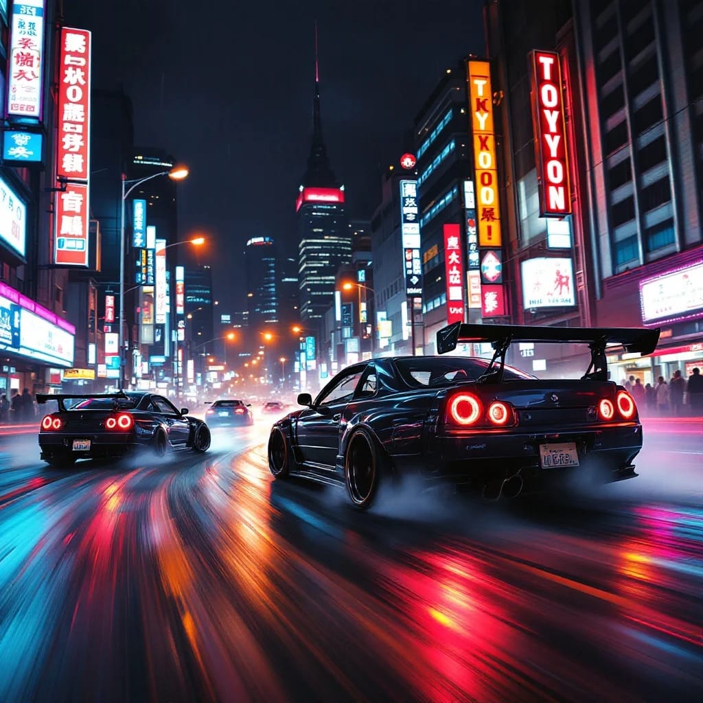 Epic Tokyo Drift Scene: High-Speed Street Racing Under Neon Lights