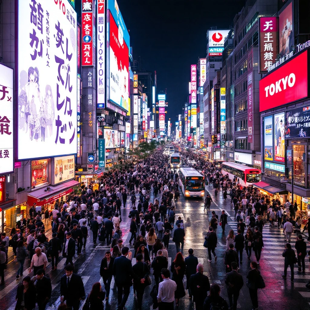 Bustling Tokyo Streets at Night: Neon Lights and Crowds