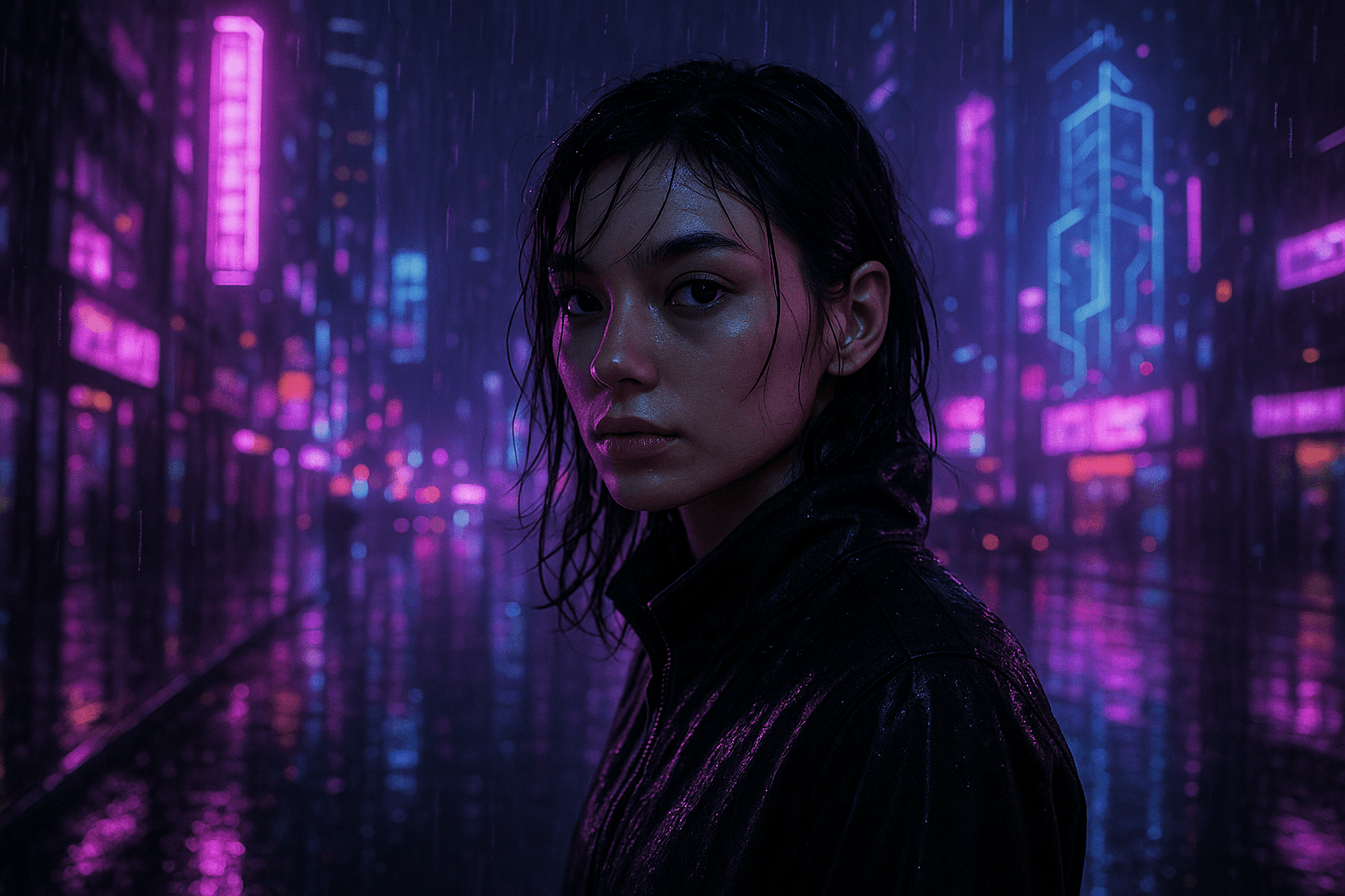 Marketing AI image: A futuristic cyberpunk landscape with neon purple and blue lights, holographic elements, rain-soaked