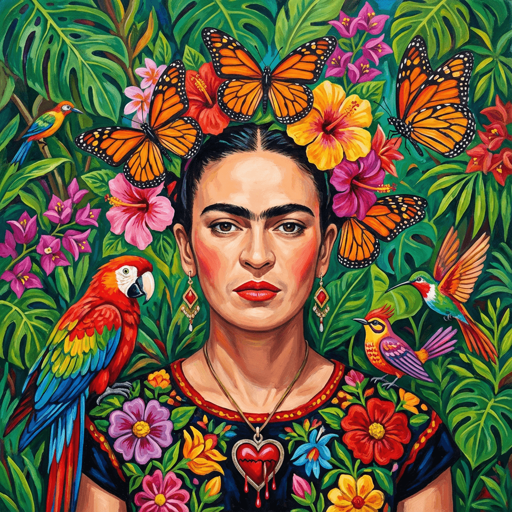 市场营销 AI image: Self-portrait with monarch butterflies and tropical flowers in hair, Frida Kahlo Mexican folk art st