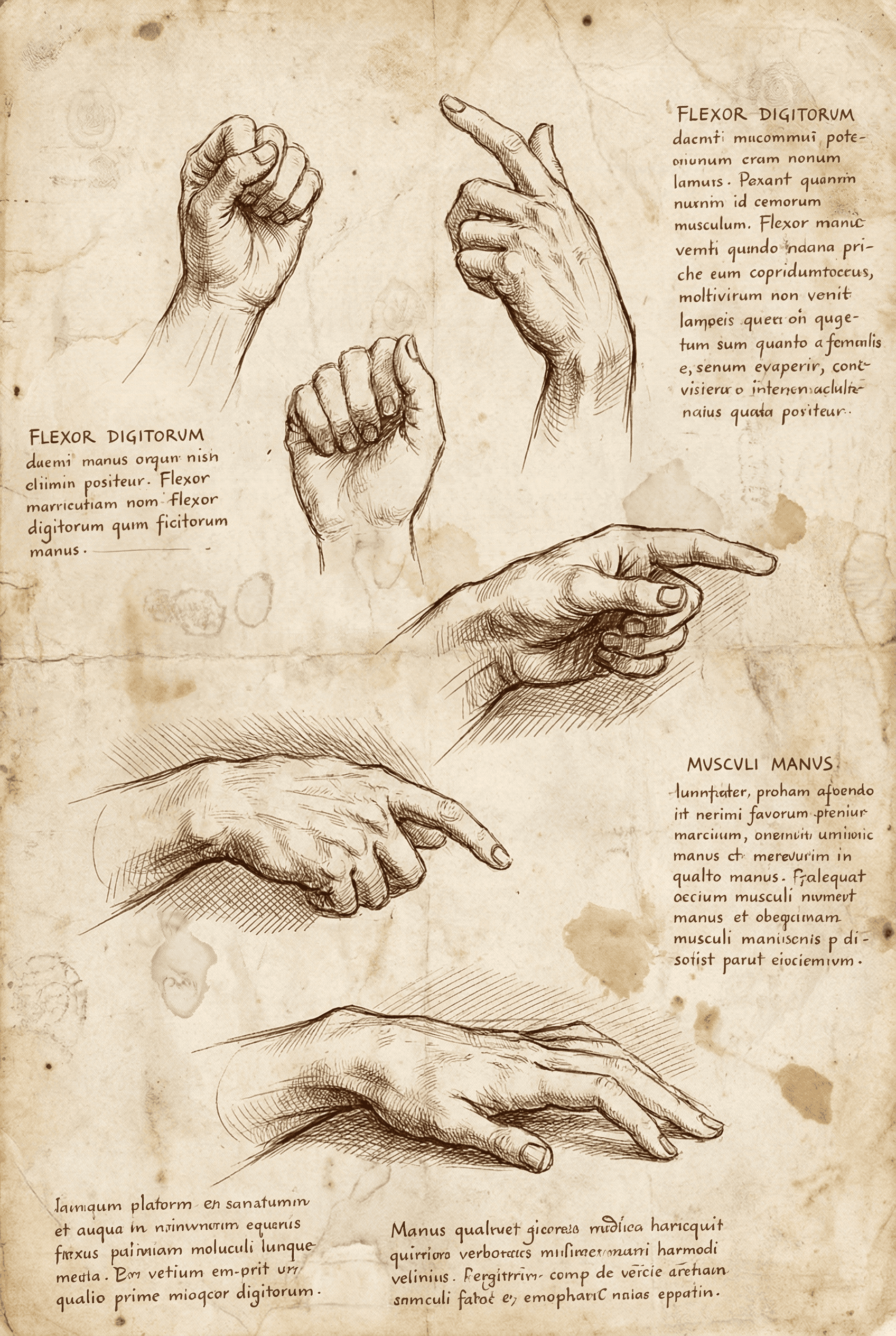 A detailed anatomical study sketch of a human hand in various poses, sepia ink on aged parchment paper, handwritten lati