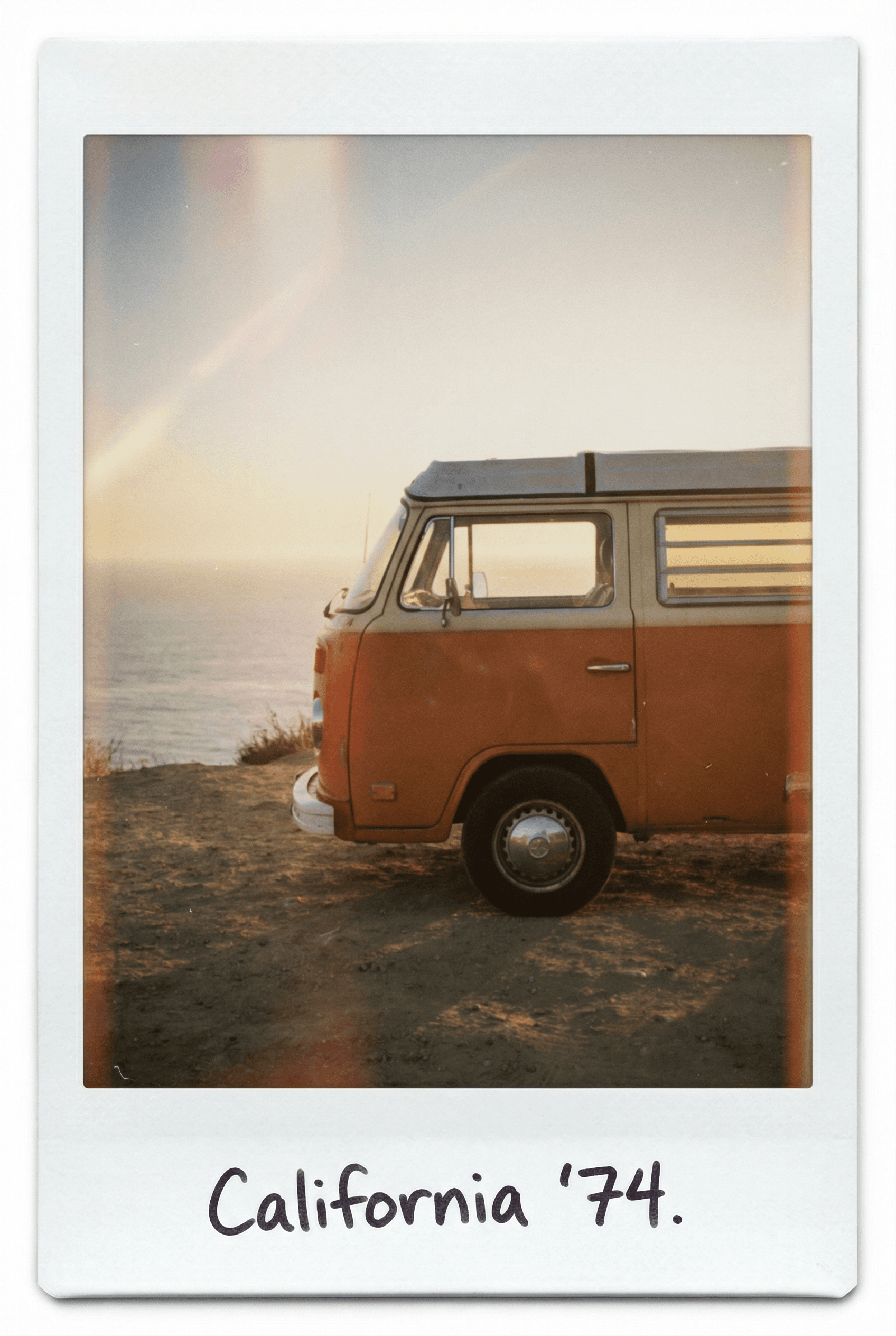 A candid polaroid photo of a vintage VW van parked on a cliff overlooking the ocean at sunset, lens flare, film grain, w