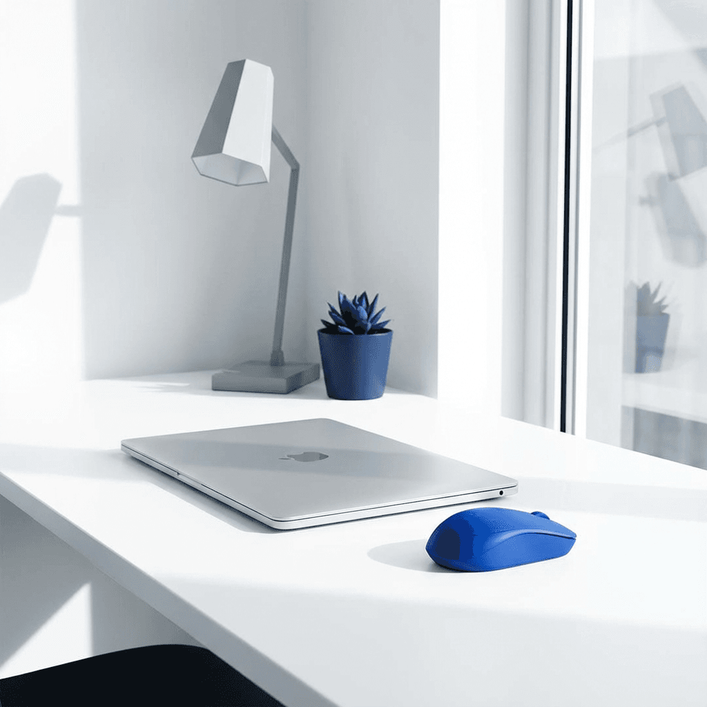 Modern Style AI image: A minimalist workspace with a sleek laptop on white desk, bold accent of electric blue mouse, clean
