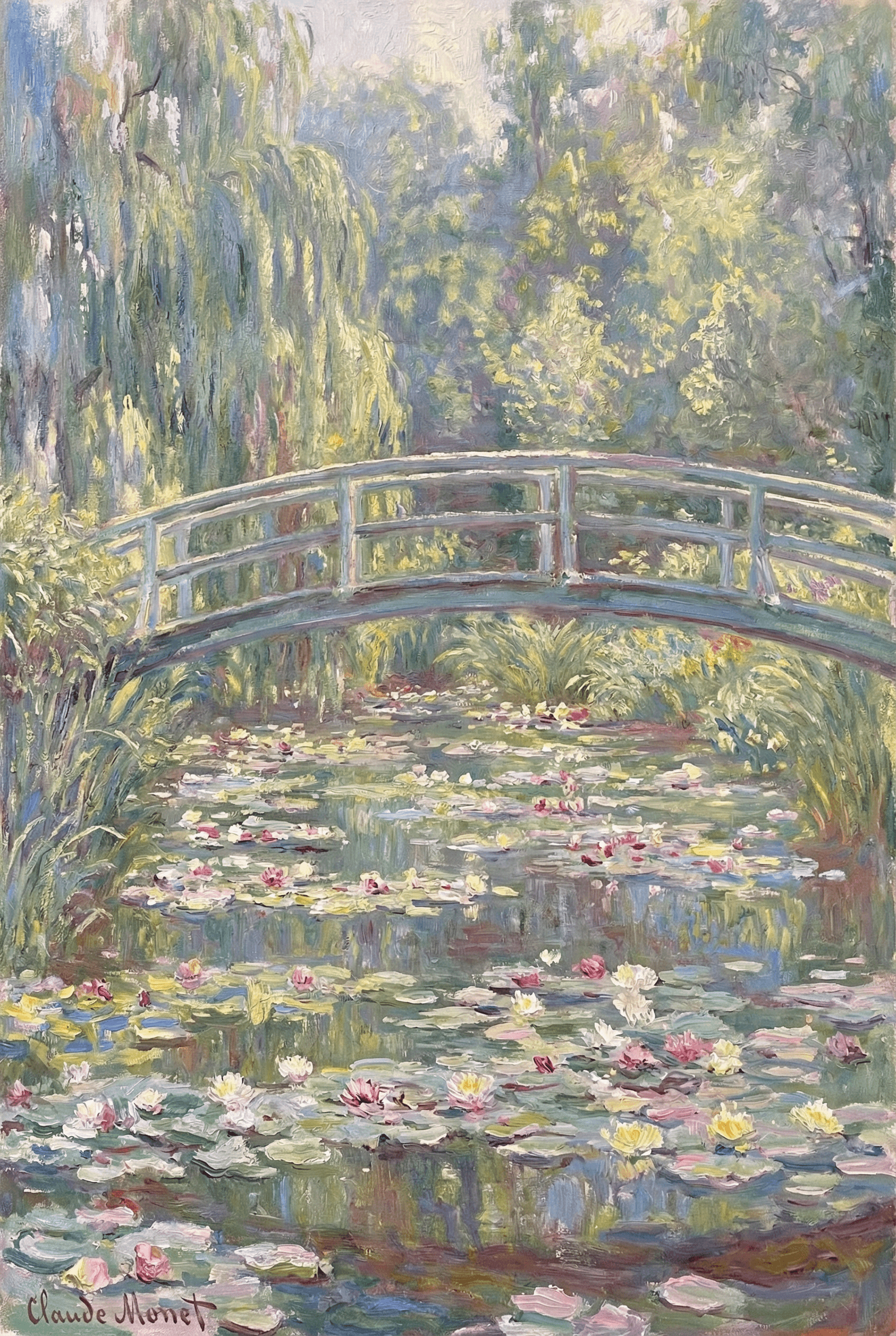Monet Style AI image: A serene impressionist painting of a Japanese footbridge over a pond filled with water lilies, weepi