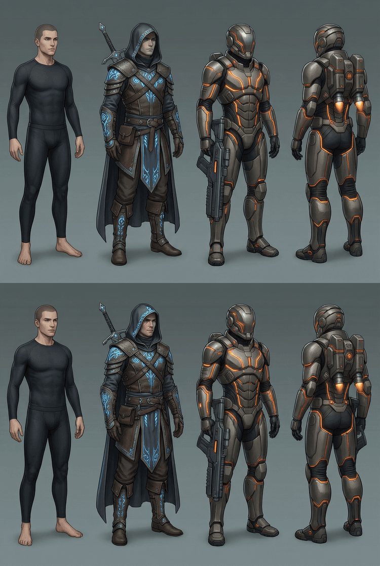 Game character concept sheet, full-body, neutral pose, clean readable silhouette, detailed materials, consistent lightin