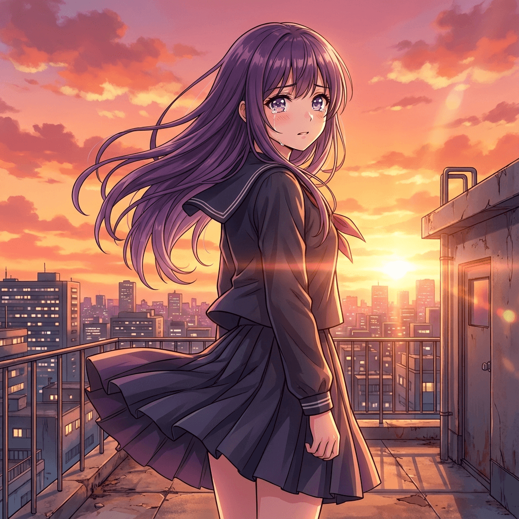 市场营销 AI image: A teenage girl with flowing purple hair and large sparkling violet eyes standing on a rooftop at sun