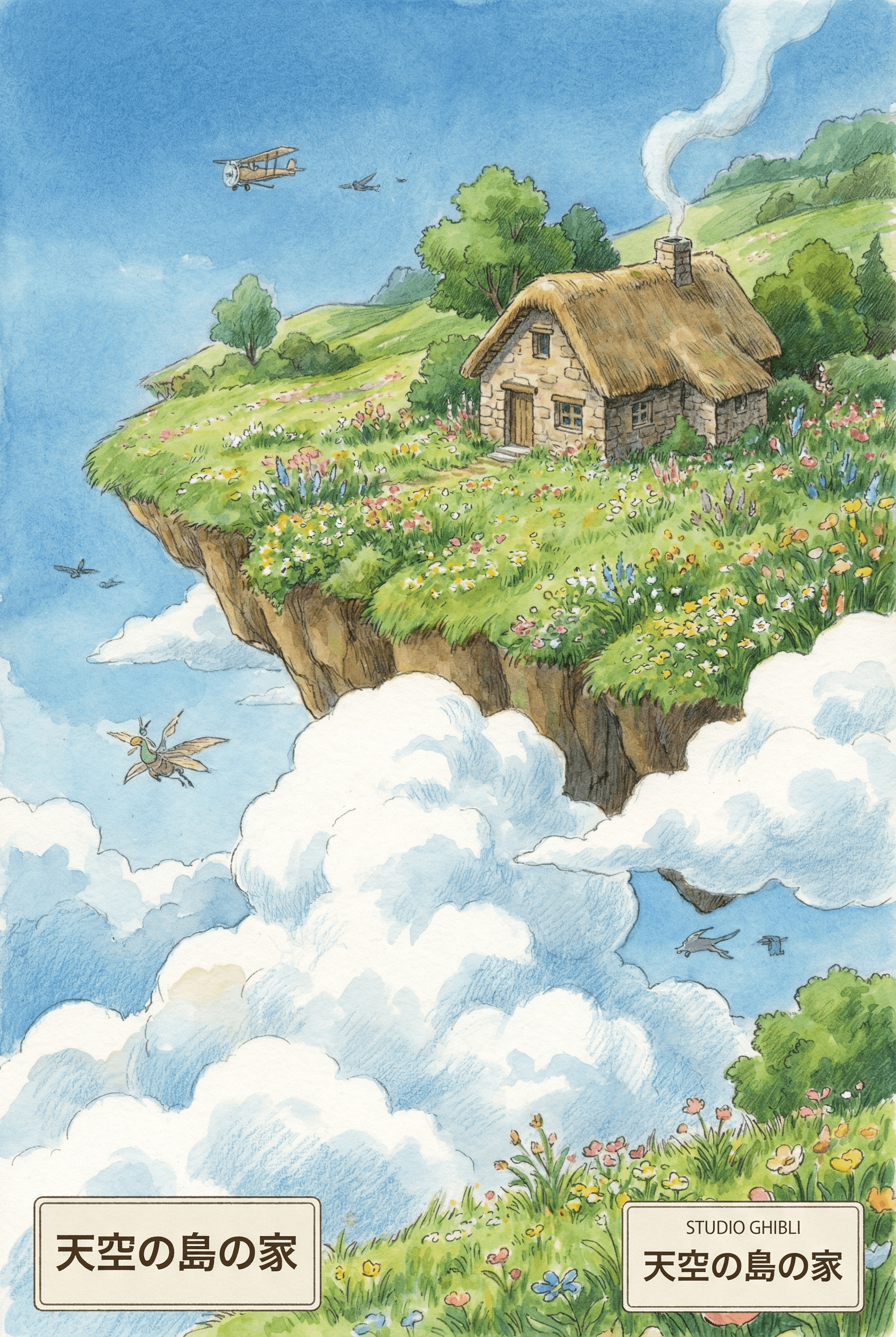Studio Ghibli Style AI image: A breathtaking landscape of a floating island in the sky covered in lush green grass and wildflowers