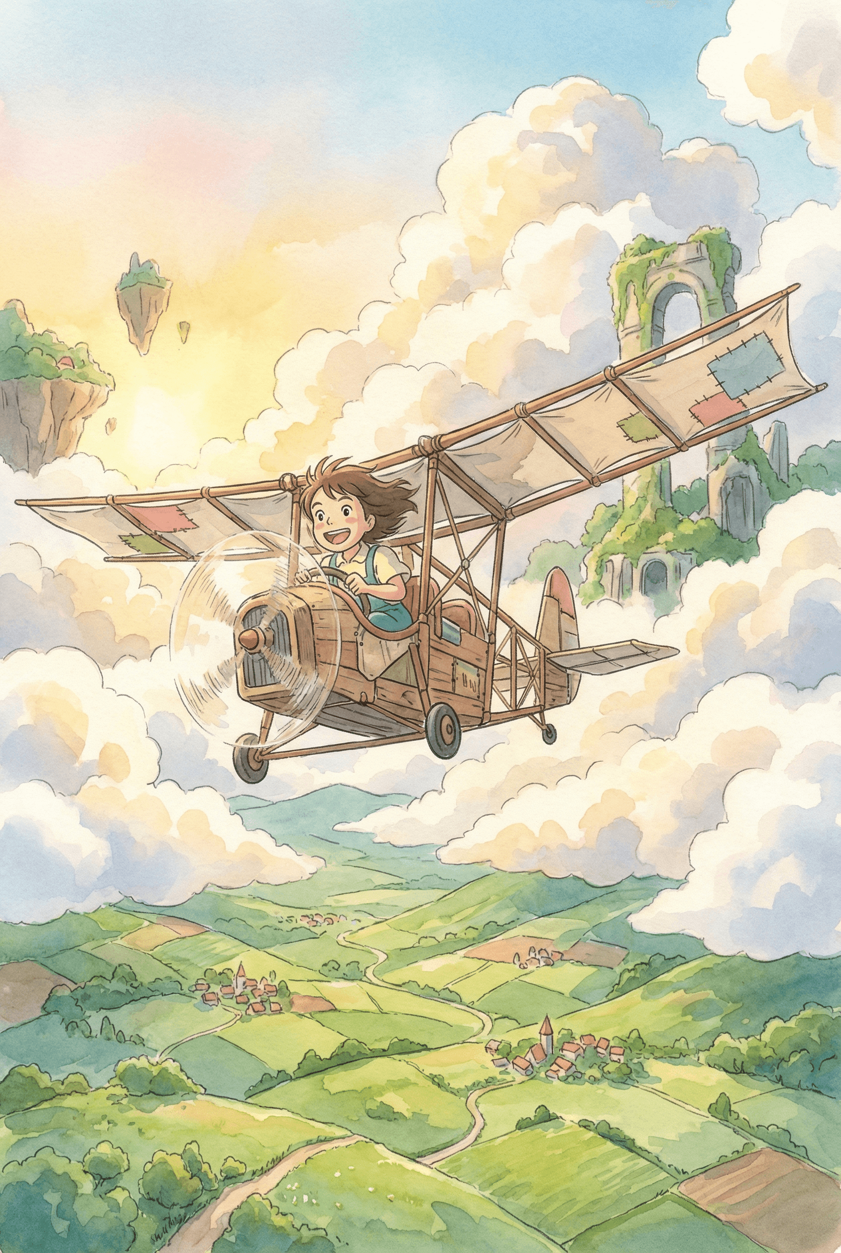 市场营销 AI image: Young girl with flying machine soaring over green countryside, Studio Ghibli whimsical adventure sty