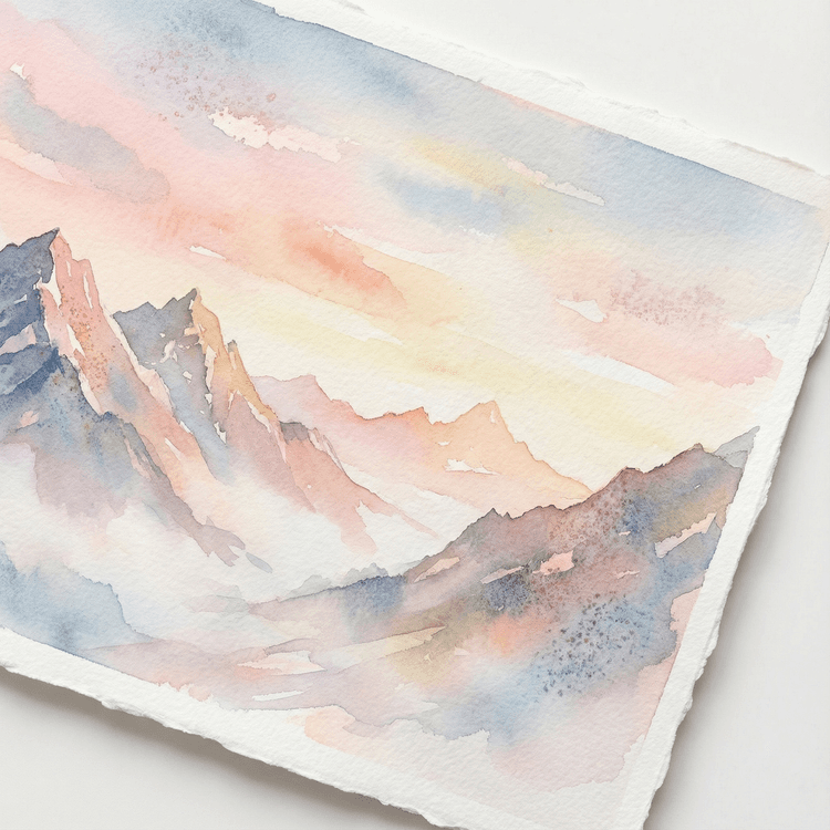 Watercolor landscape of alpine mountains at sunrise, soft pastel sky wash, granulation texture, delicate brushwork, mist