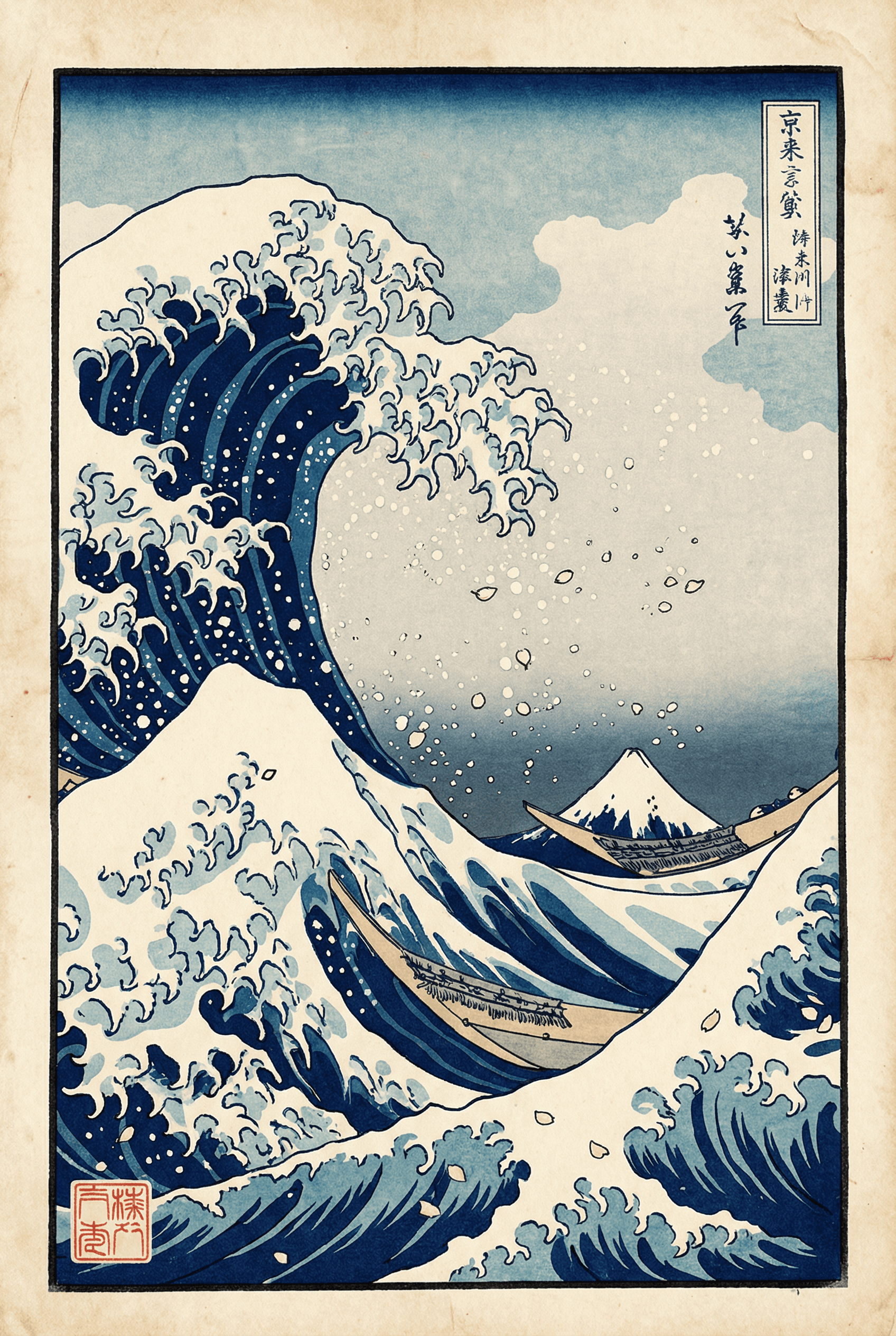Hokusai Style AI image: A traditional Japanese ukiyo-e woodblock print featuring a massive crashing wave with Mount Fuji vis