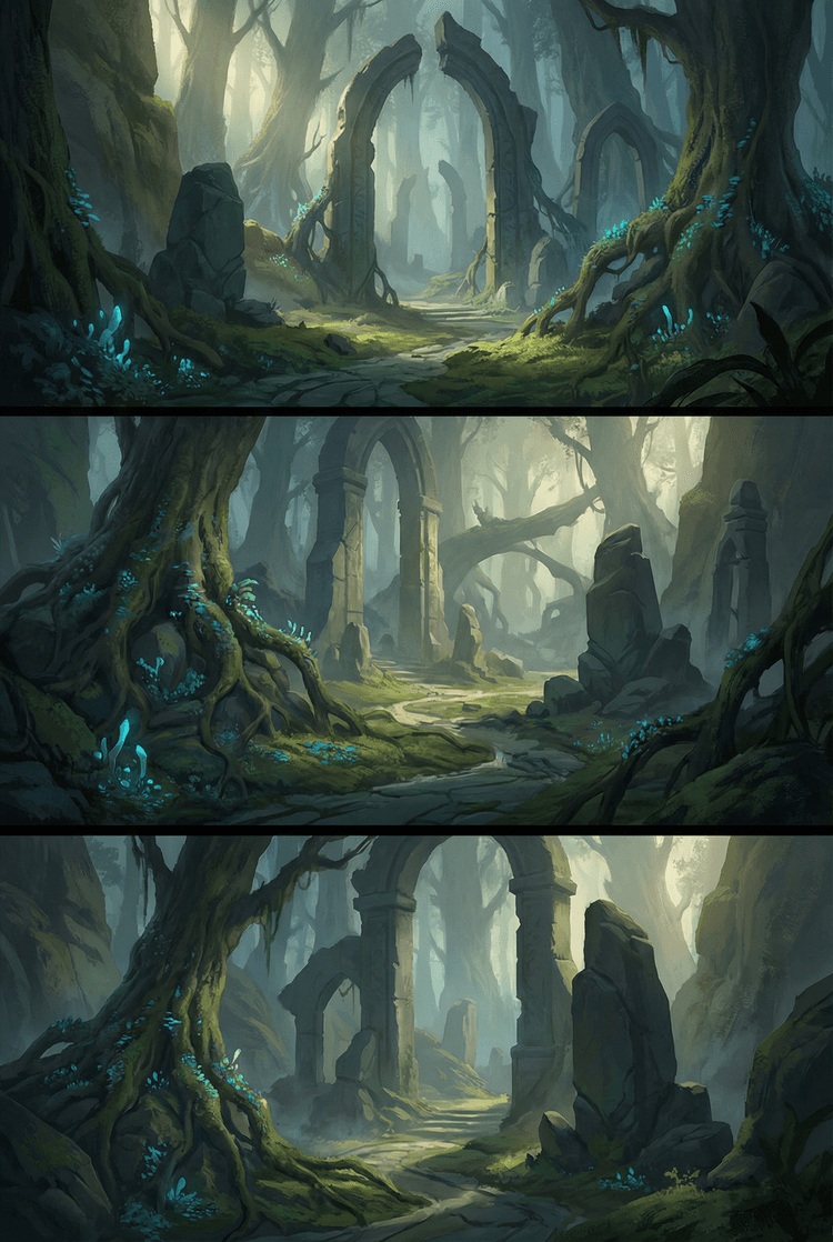 Game environment concept art, cohesive world style guide, atmospheric lighting, strong composition, readable shapes, con