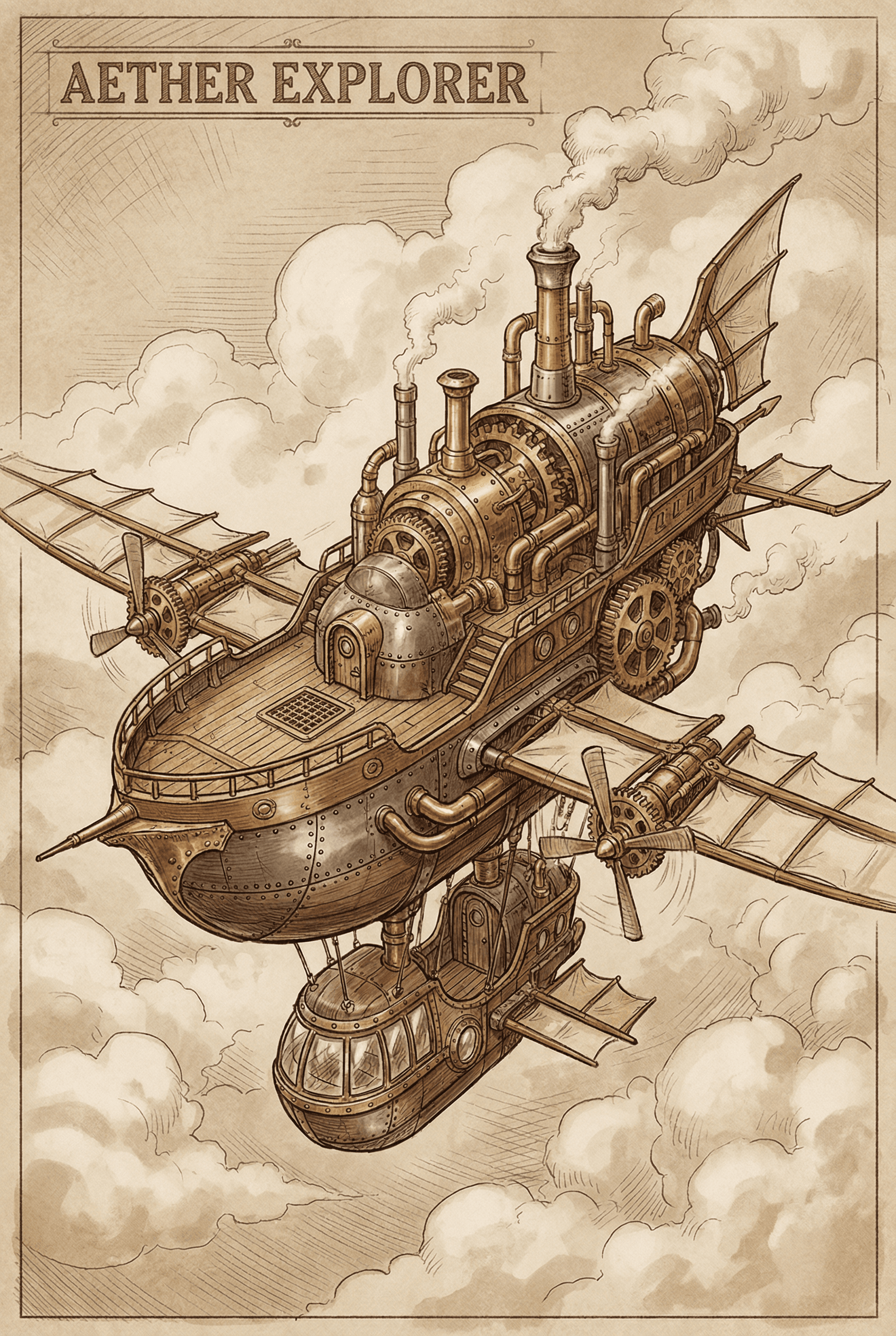 A detailed concept art of a steampunk airship floating in the clouds, brass gears and pipes, steam exhaust, canvas wings