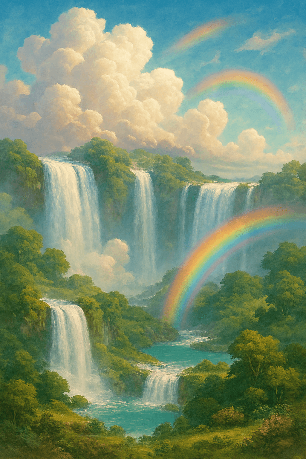 Marketing AI image: Straight out of a dream — clouds, waterfalls, rainbows, and pure paradise.