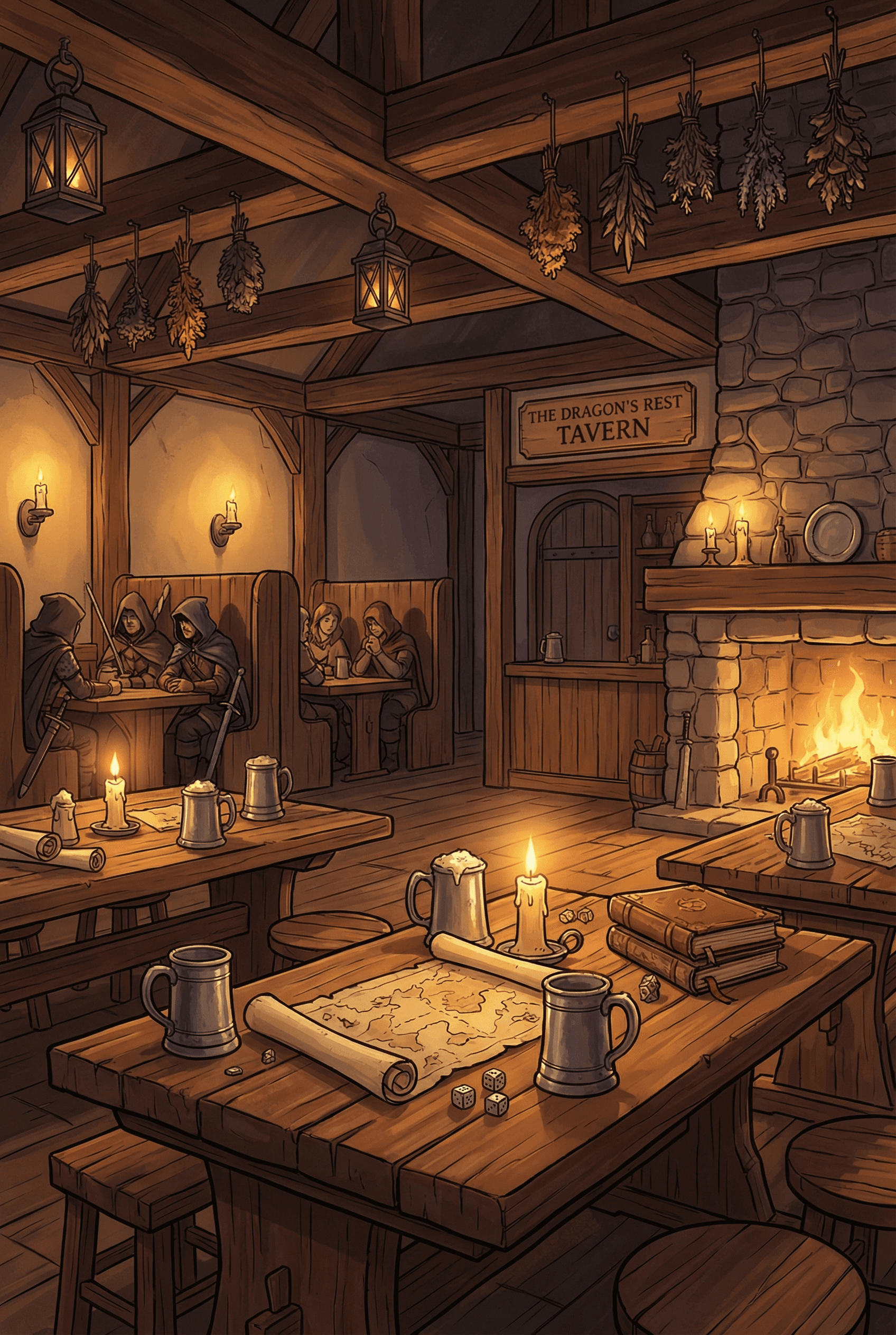 Fantasy RPG Style AI image: A cozy interior view of a medieval fantasy tavern, warm candlelight and fireplace glow, wooden table