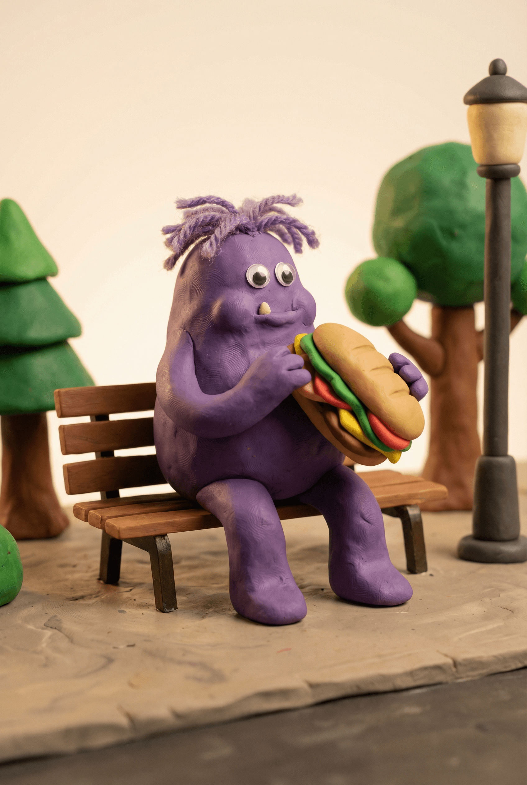 Claymation Style Character AI image: A stop-motion claymation scene of a fuzzy purple monster sitting on a park bench about to eat a gian
