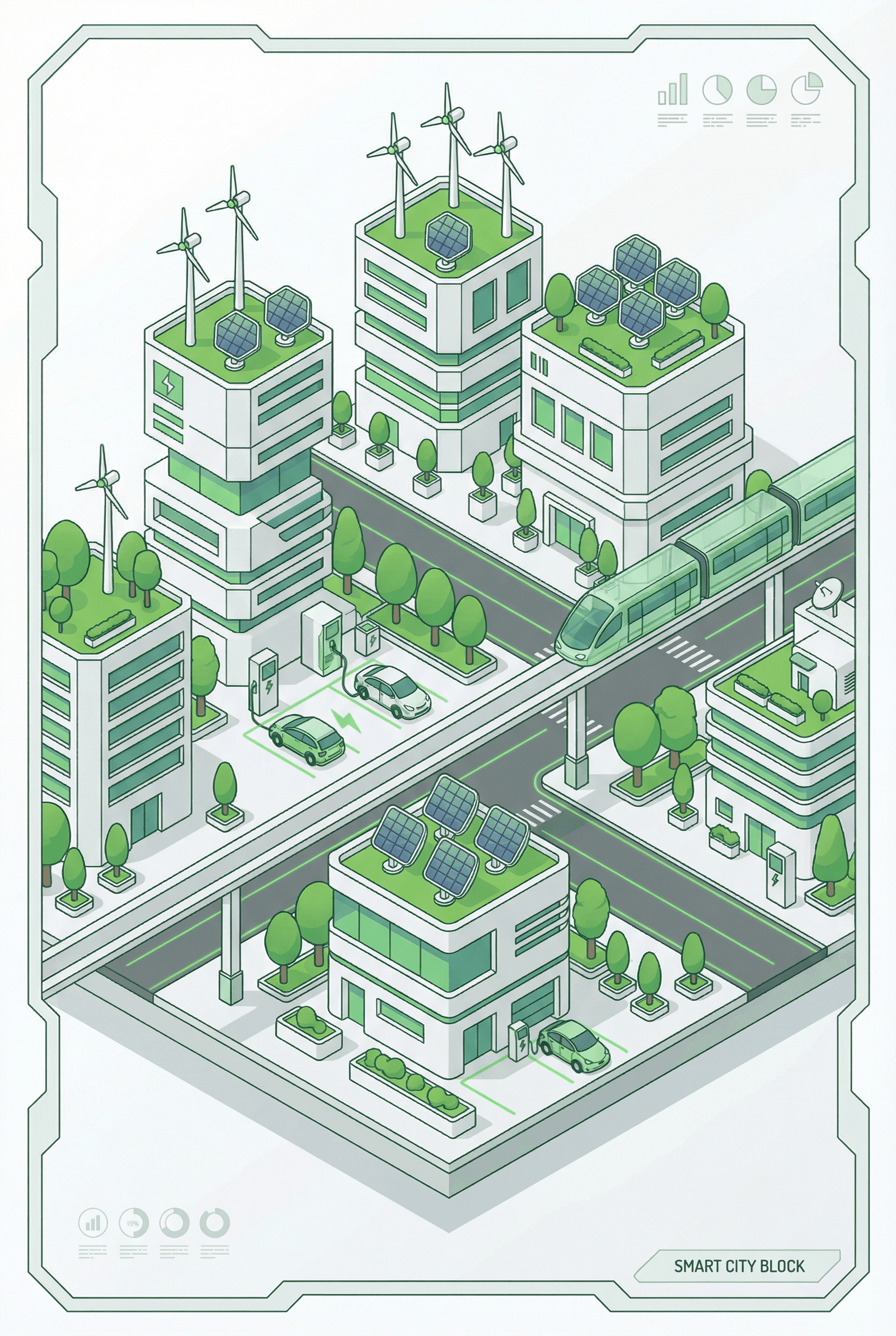 Isometric Style AI image: An isometric illustration of a futuristic smart city block, featuring solar panels on roofs, wind tu