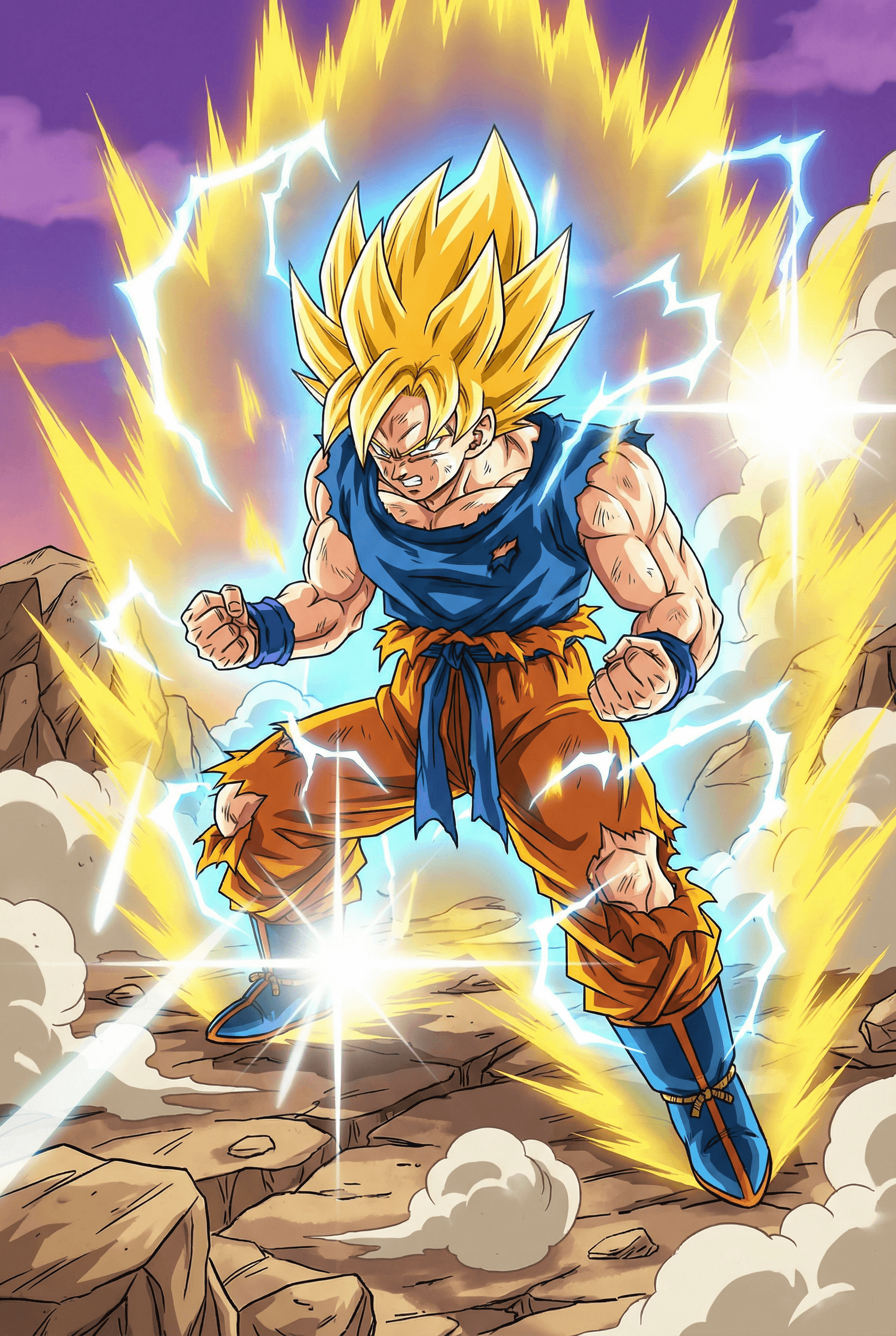 Dragon Ball Style AI image: Dynamic action pose of Super Saiyan warrior with golden spiky hair, intense energy aura radiating ou