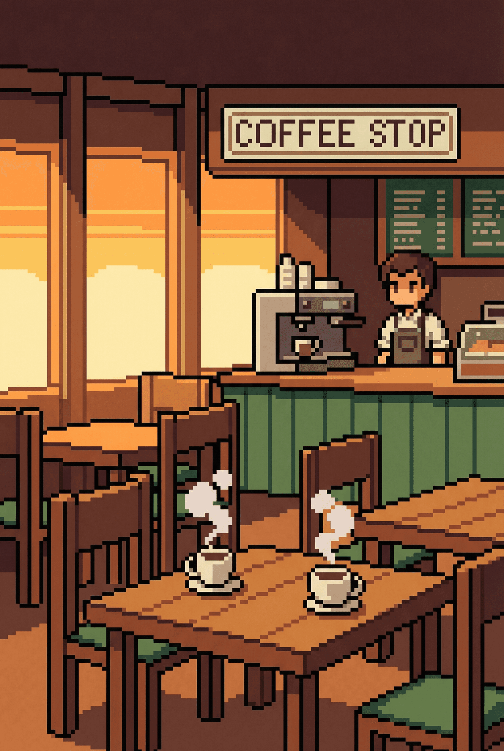 Pixel Art Style AI image: Cozy coffee shop interior, 16-bit pixel art style, warm lighting from windows, wooden tables and cha
