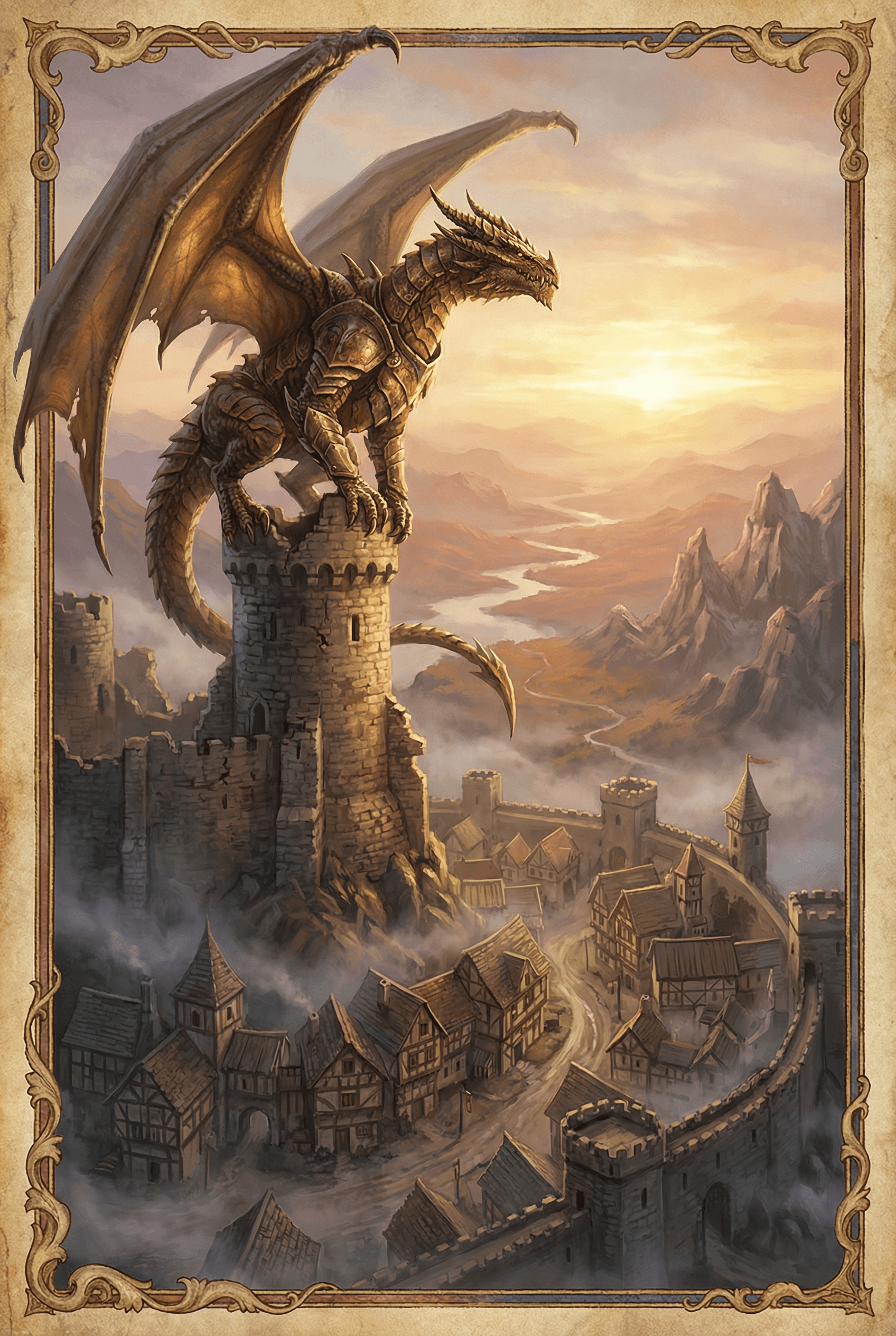 市场营销 AI image: Majestic dragon perched on castle tower at dawn, scales gleaming in golden morning light, medieval f