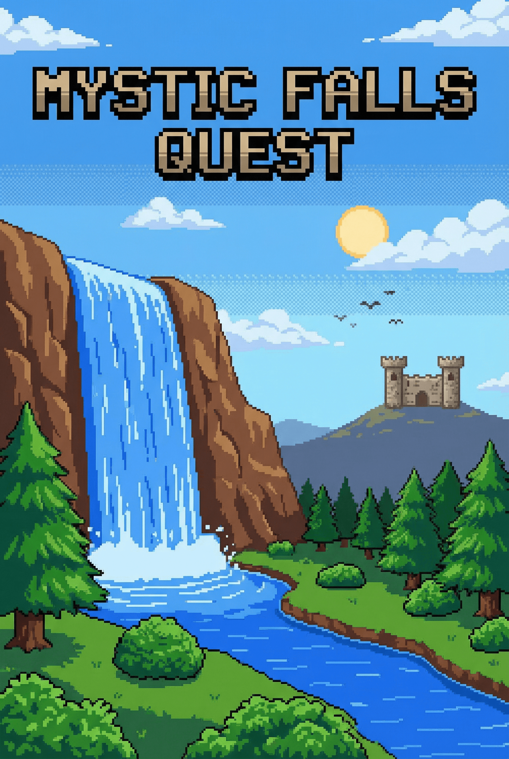 Pixel Art Style AI image: A 16-bit pixel art landscape showing a majestic waterfall flowing down a cliffside, a pixelated cast