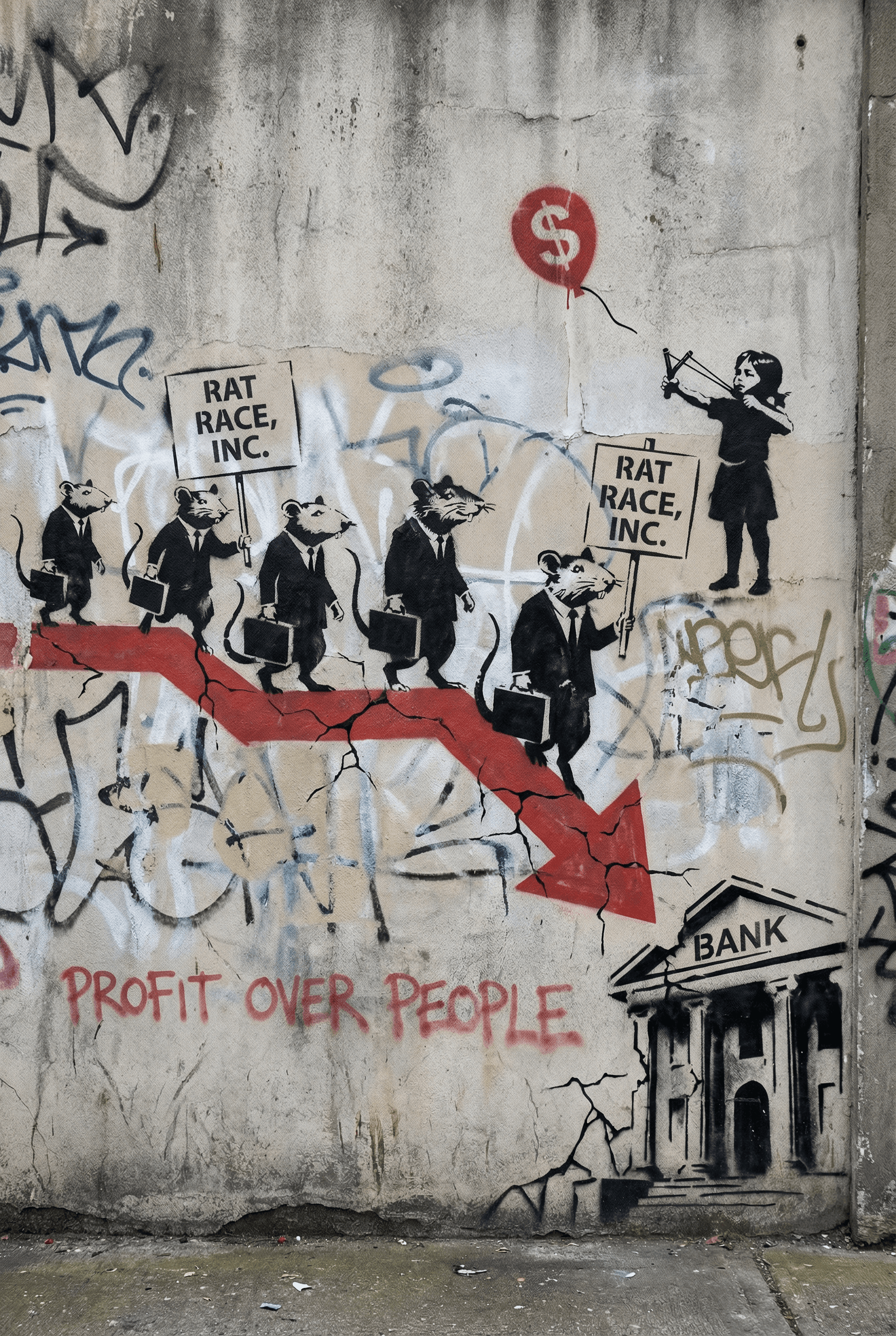 Banksy Street Art Style AI image: Satirical Banksy-style piece showing rats in business suits, sharp stencil work with social commenta