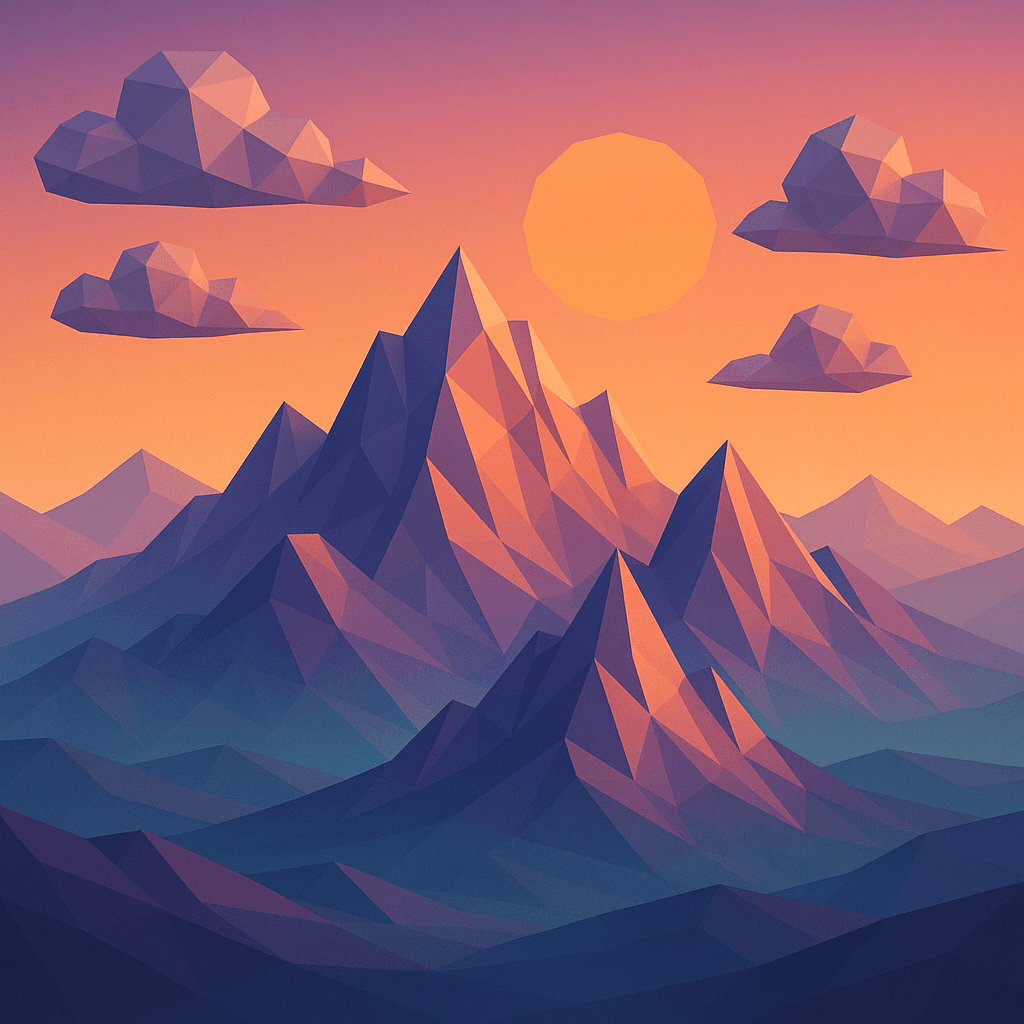 Marketing AI image: Low-poly geometric mountain landscape at sunset with triangular facets, minimalist color palette of