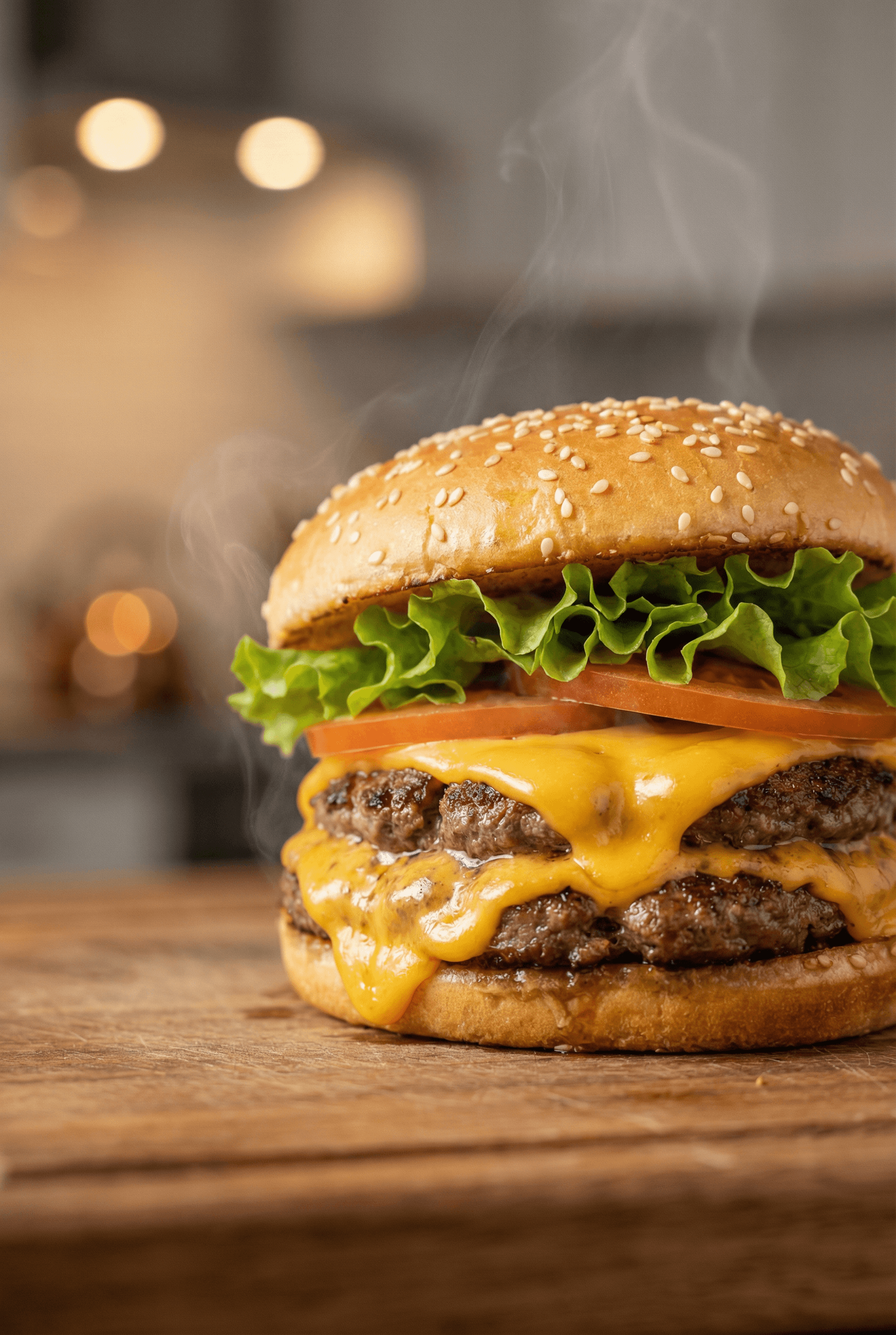 A macro food photography shot of a gourmet double cheeseburger, melting cheese, fresh lettuce, sesame seed bun, steam ri