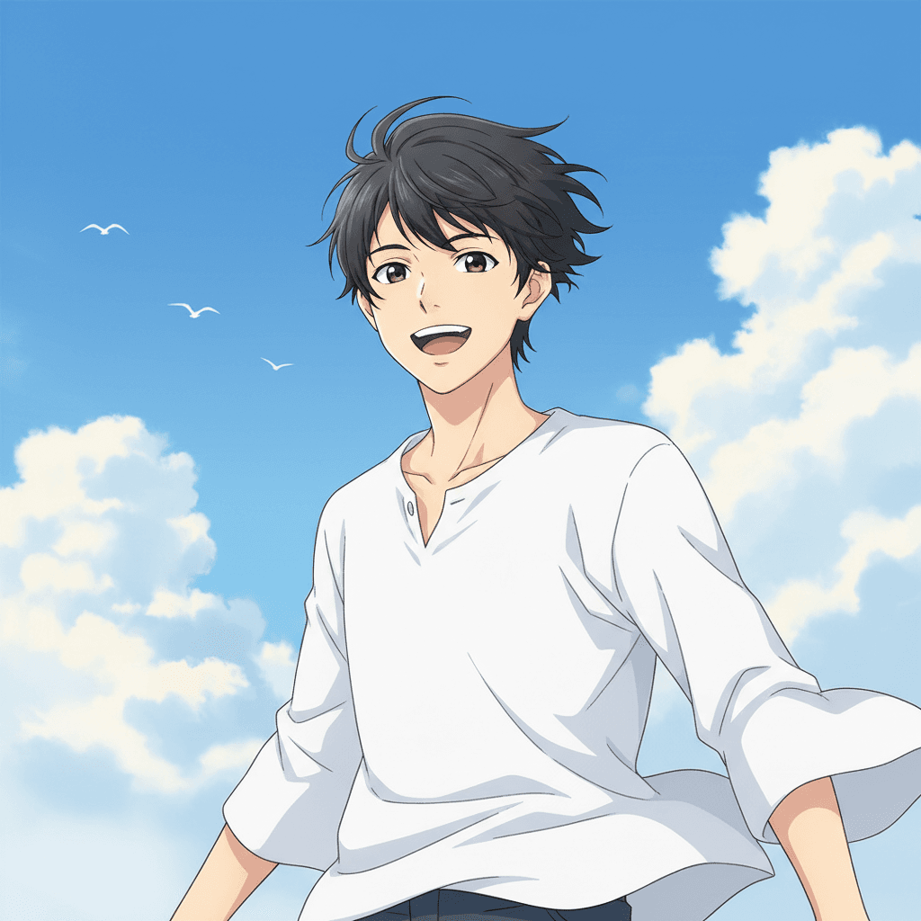 Marketing AI image: Young man with short, windswept dark hair, vibrant and joyful expression with a wide, toothy grin, w