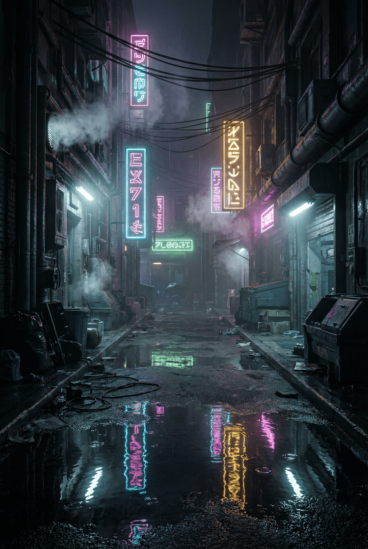 4K vertical wallpaper of a cyberpunk neon alley at night, rain-soaked street, reflective puddles, vibrant signage glow,
