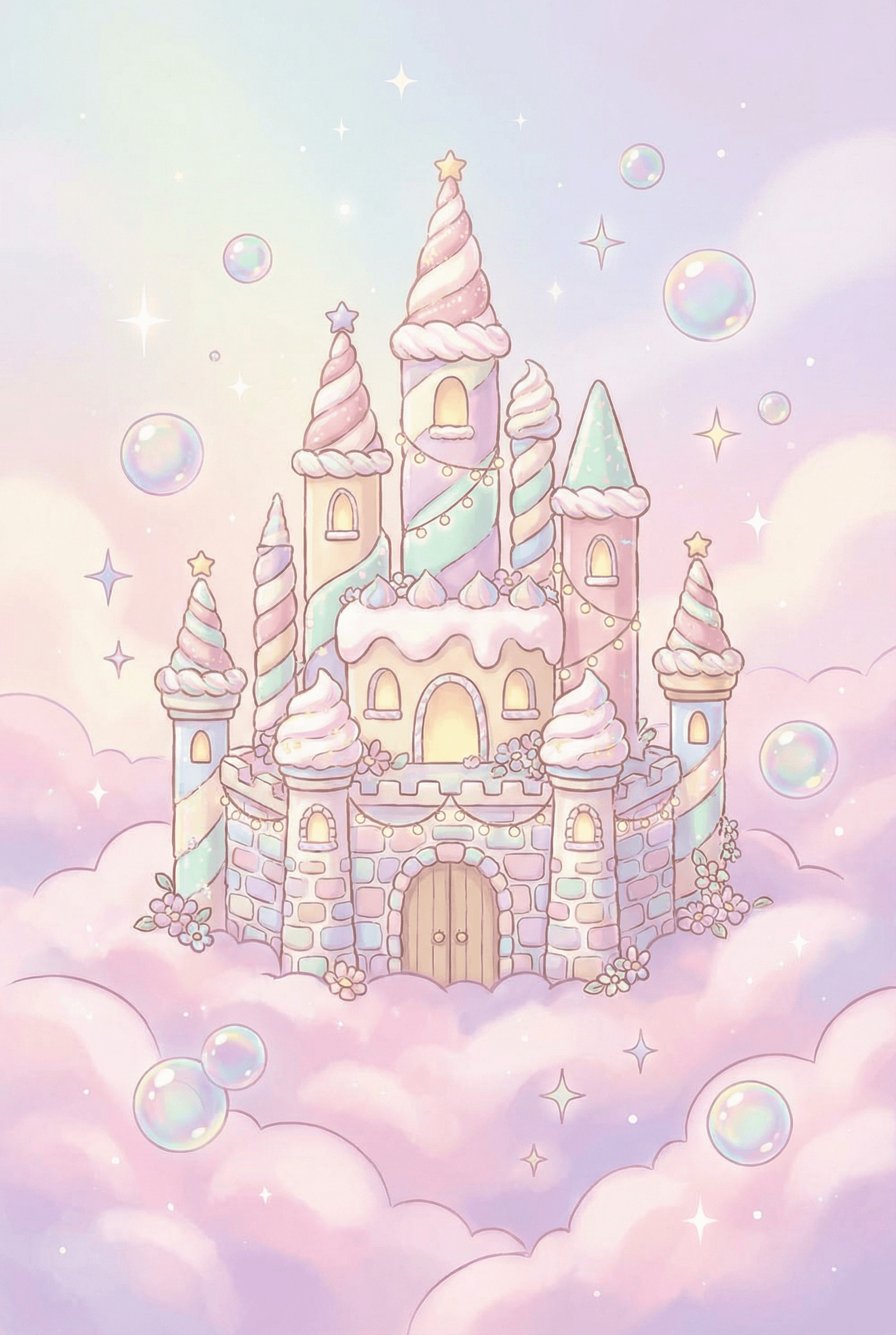 Pastel Style AI image: A whimsical dreamscape of a castle floating on fluffy pink and lavender clouds, iridescent bubbles f