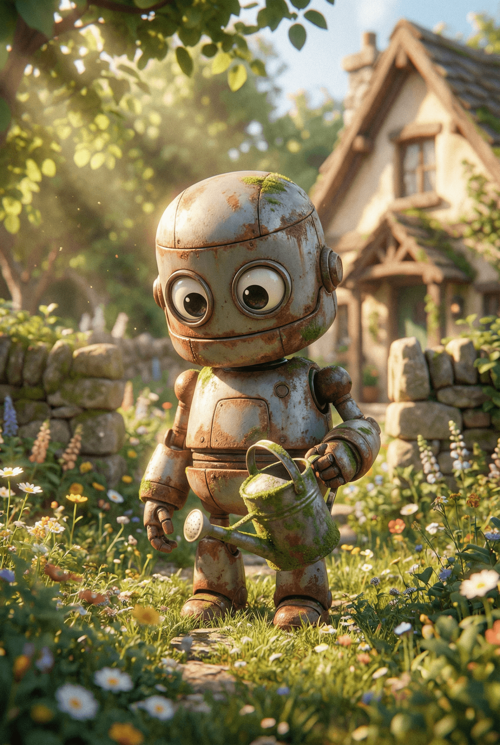 Pixar Animation Style AI image: A 3D render of a cute, rusty little robot holding a watering can, standing in a sunlit garden, big e