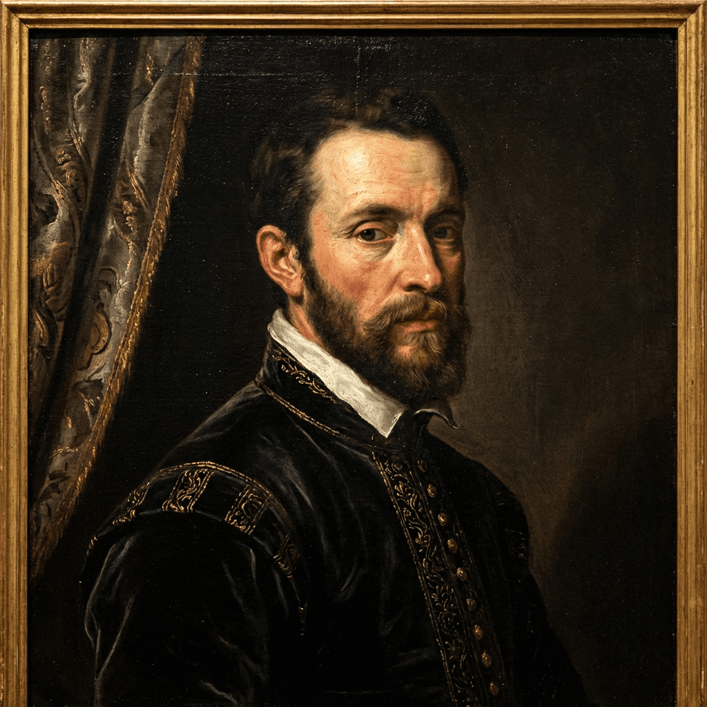 Oil Painting Style AI image: Renaissance-style oil painting portrait with dramatic chiaroscuro lighting, rich skin tones built up