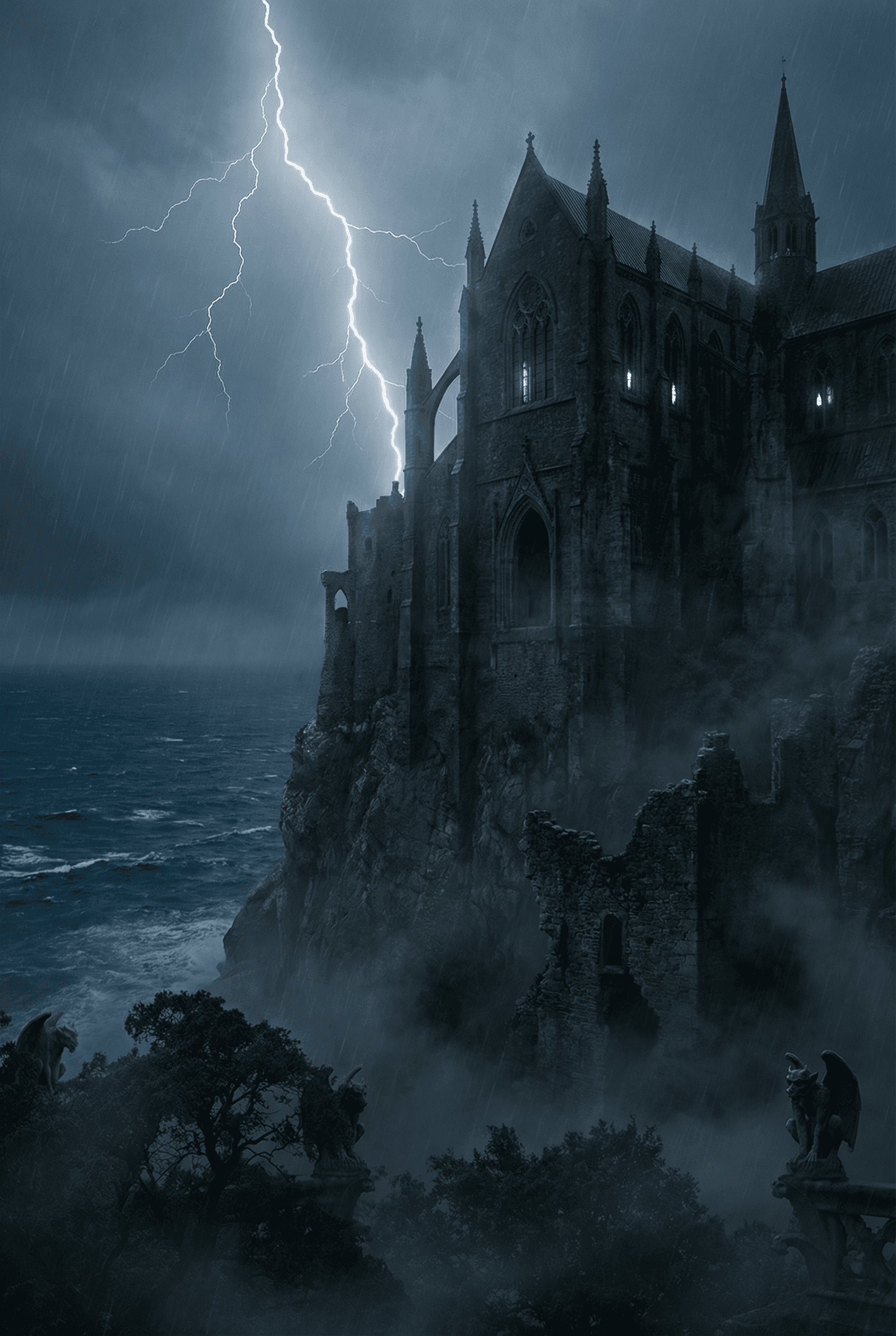 A dark, imposing gothic castle perched on a jagged cliffside during a thunderstorm, lightning striking, fog swirling at