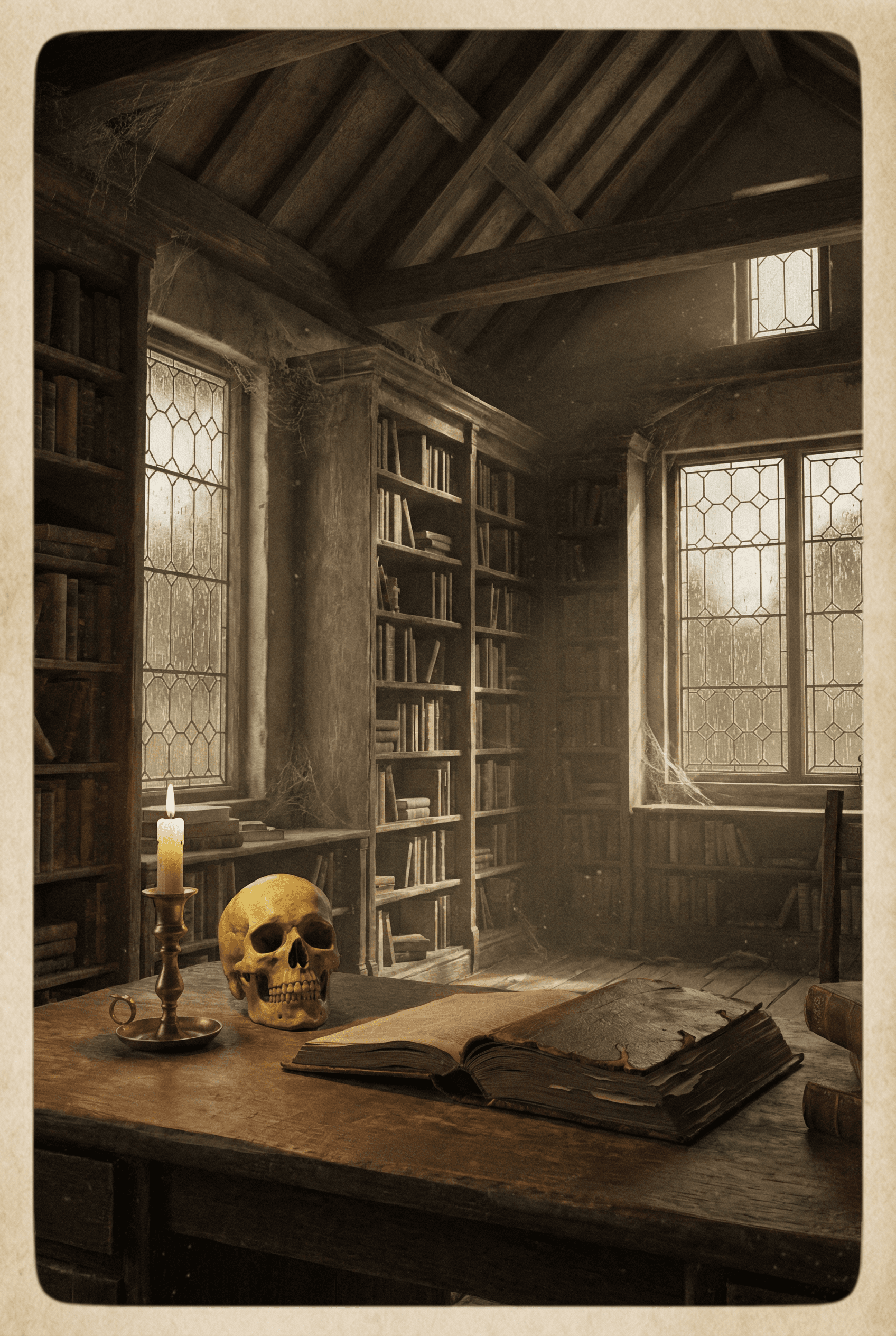 Vintage Style AI image: An interior view of an ancient, dusty library with floor-to-ceiling wooden bookshelves, a skull rest