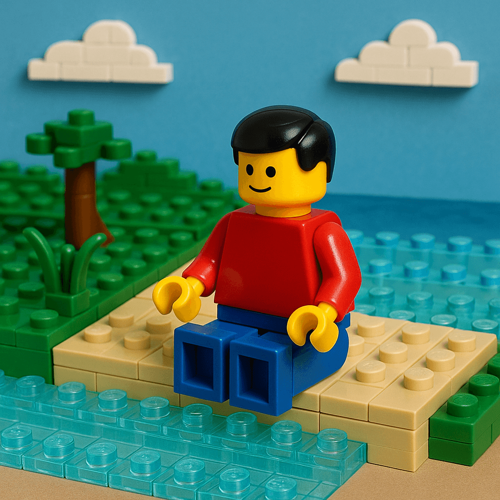 Marketing AI image: create a image of an guy sitting at the water 
{
  "legoStyle": {
    "fundamentalPrinciples": {