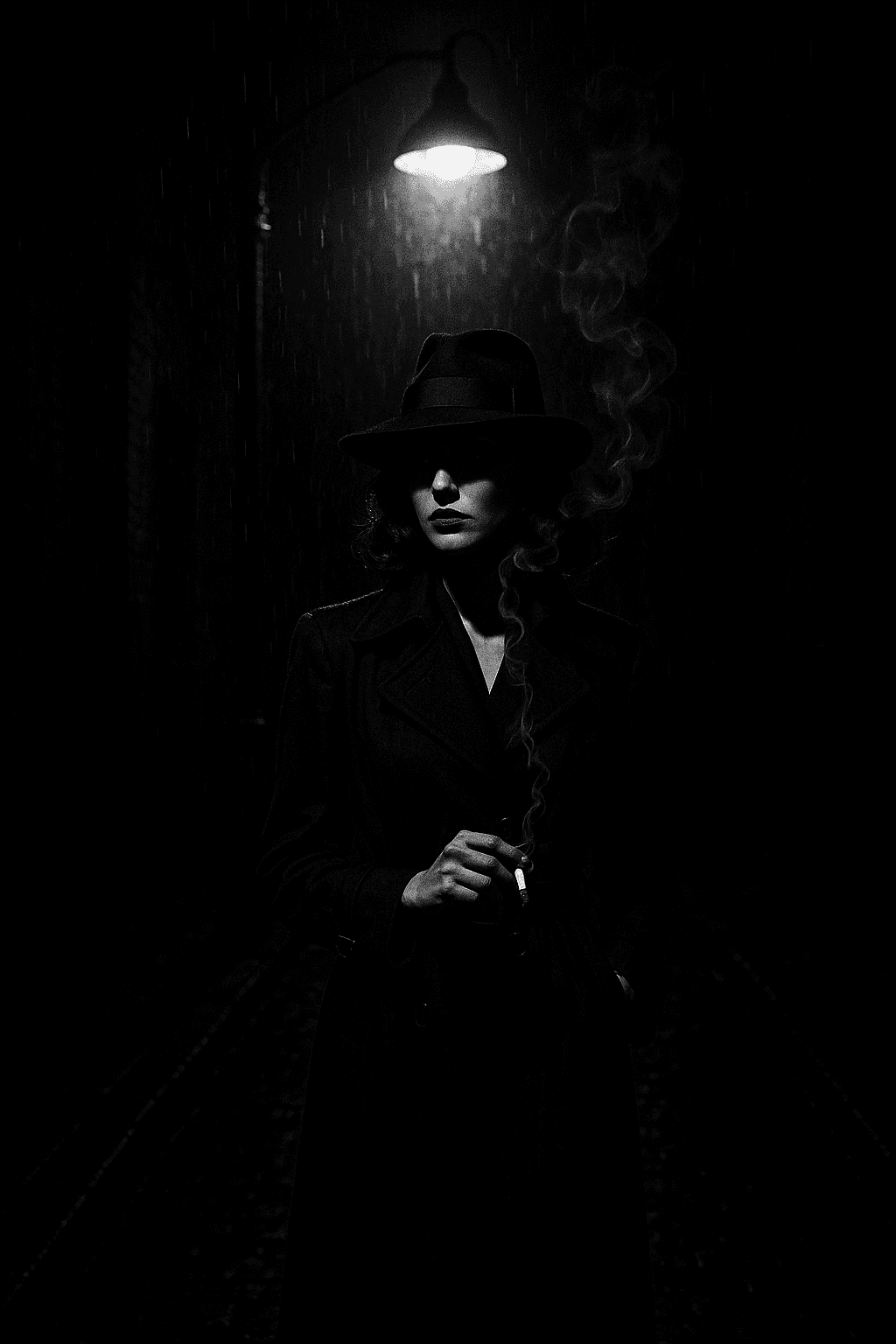 A mysterious woman in a black trench coat standing under a flickering streetlight in a rain-soaked alley, cigarette smok