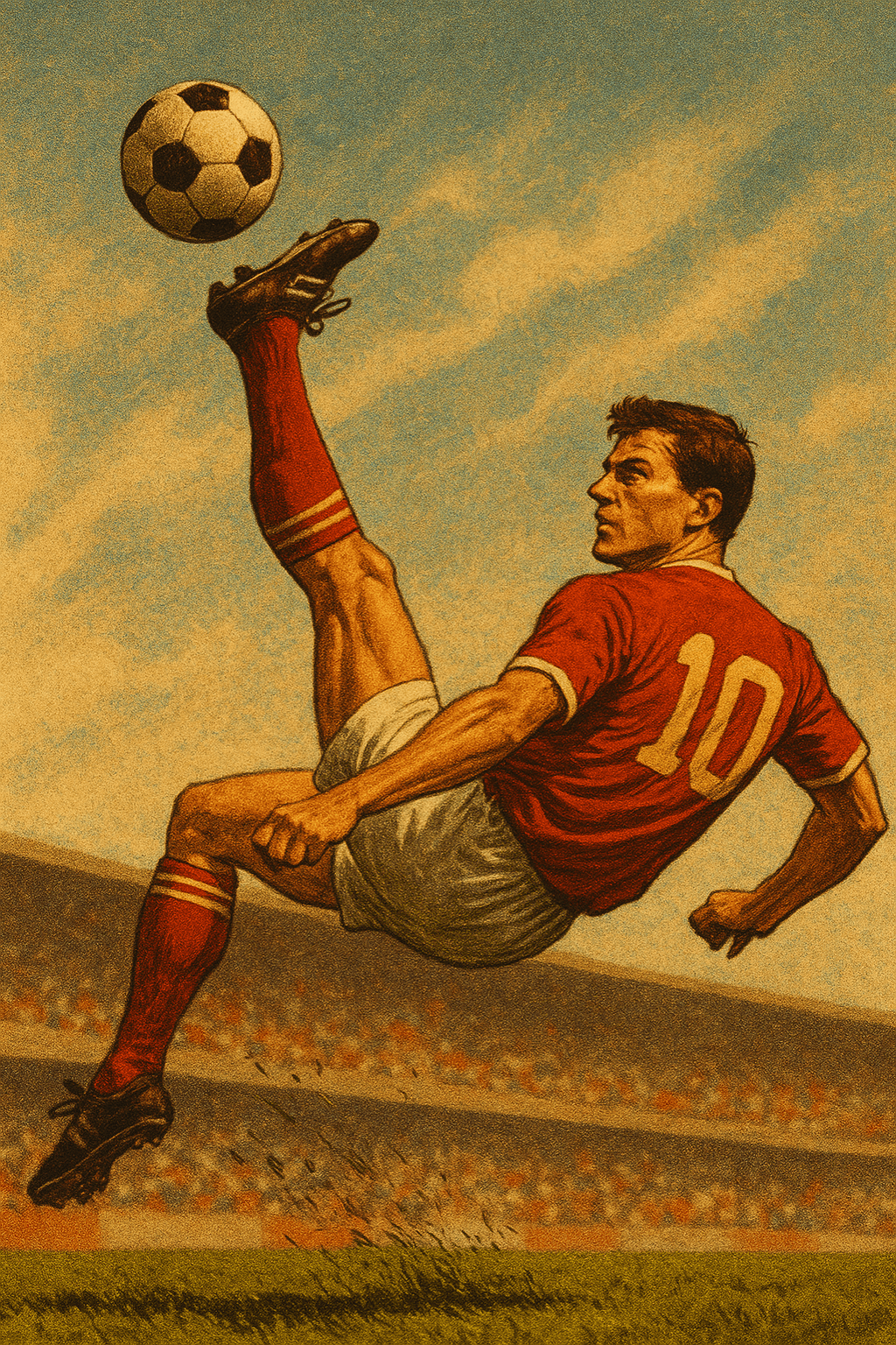 Marketing AI image: Dynamic moment of soccer player mid-bicycle kick, ball frozen in air, stadium crowd blurred in backg