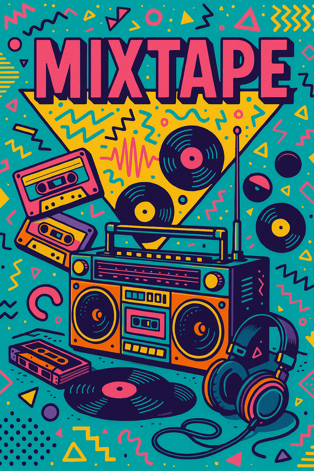 Marketing AI image: Vintage boombox with cassette tapes, vinyl records, retro headphones, abstract sound waves, bold typ