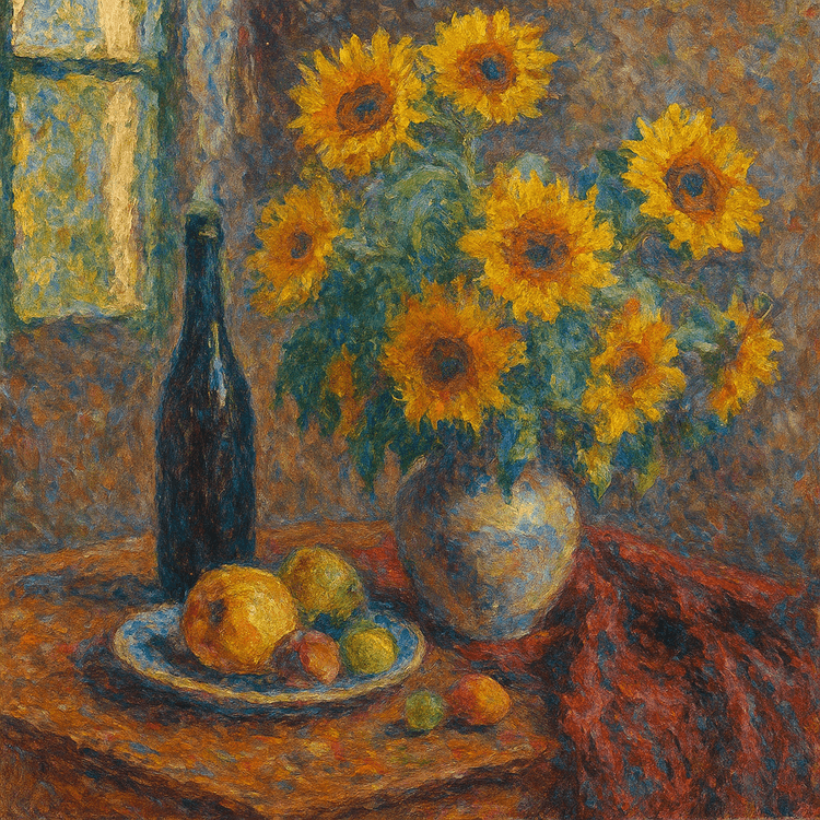 Still life with ceramic vase of sunflowers, fresh fruits, wine bottle, draped velvet fabric on wooden table, dramatic wi