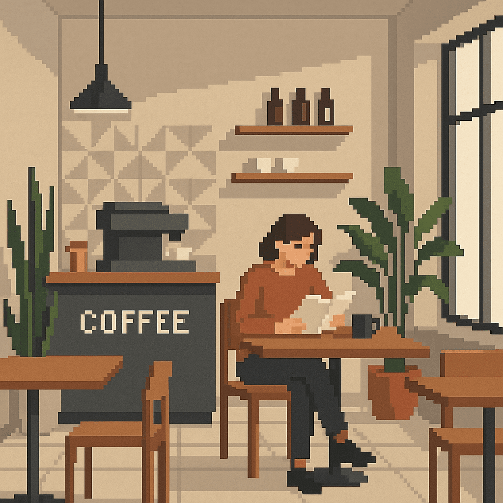 Marketing AI image: Modern coffee shop scene with minimalist interior, person reading, geometric patterns, plants, large