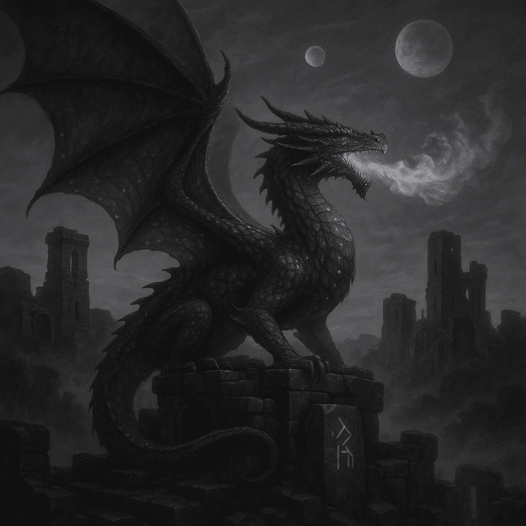 Majestic dragon perched on ancient stone ruins at sunset, massive wings spread, scales shimmering with magical iridescen