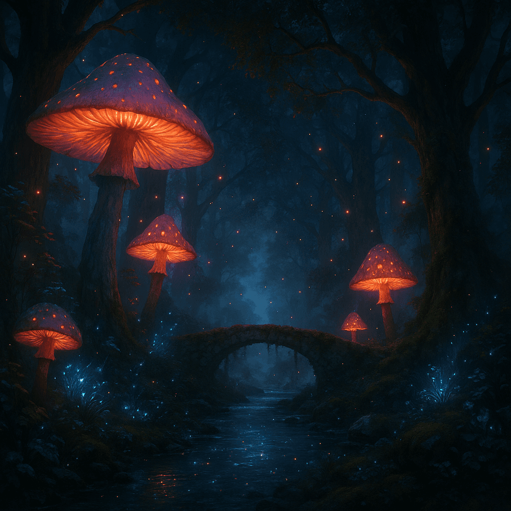 Marketing AI image: Enchanted forest with massive glowing mushrooms, bioluminescent plants, fairy lights dancing between