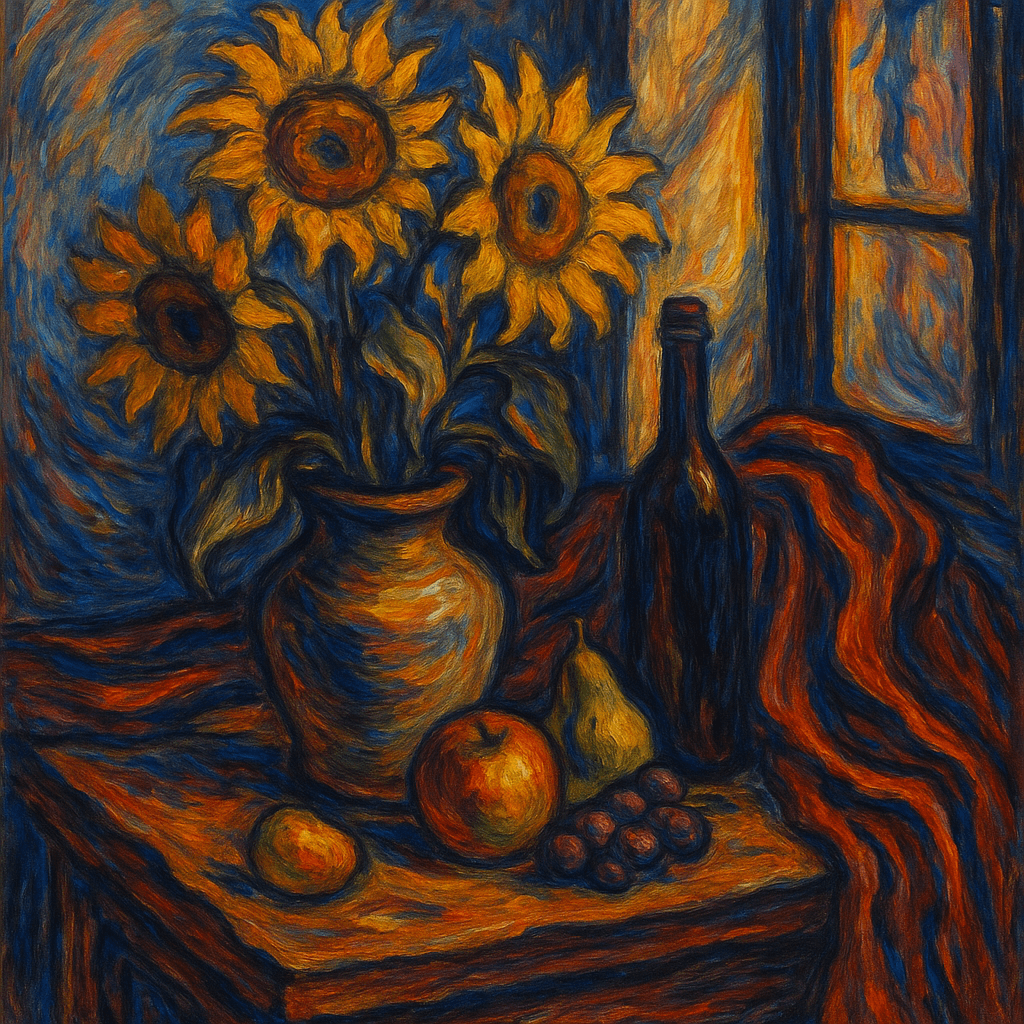 Marketing AI image: Still life with ceramic vase of sunflowers, fresh fruits, wine bottle, draped velvet fabric on woode