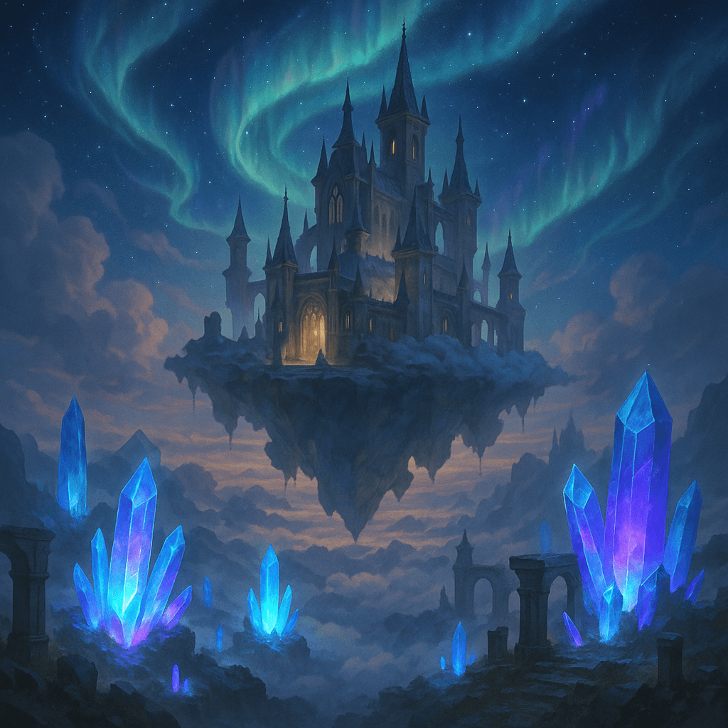 Marketing AI image: Mystical floating castle in clouds, glowing crystals, ancient architecture, magical aurora in sky, e