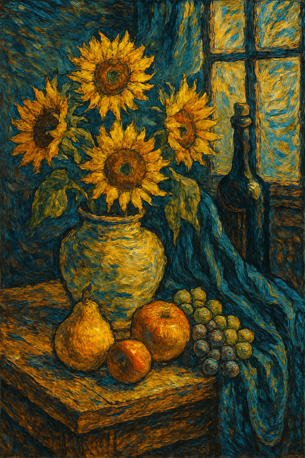 Marketing AI image: Still life with ceramic vase of sunflowers, fresh fruits, wine bottle, draped velvet fabric on woode